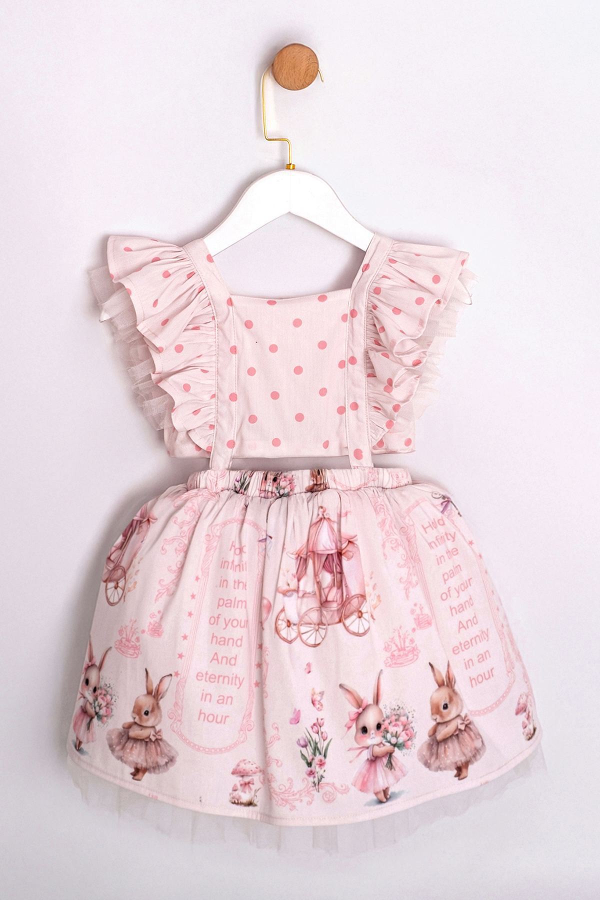 Miniğimin Cicileri Puantiye Desenli Sırt Askı Detaylı Tül Etekli Kız Çocuk Elbise - Pudra