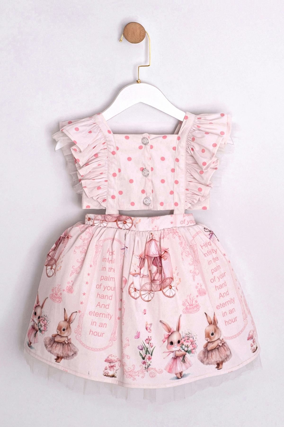 Miniğimin Cicileri Puantiye Desenli Sırt Askı Detaylı Tül Etekli Kız Çocuk Elbise - Pudra