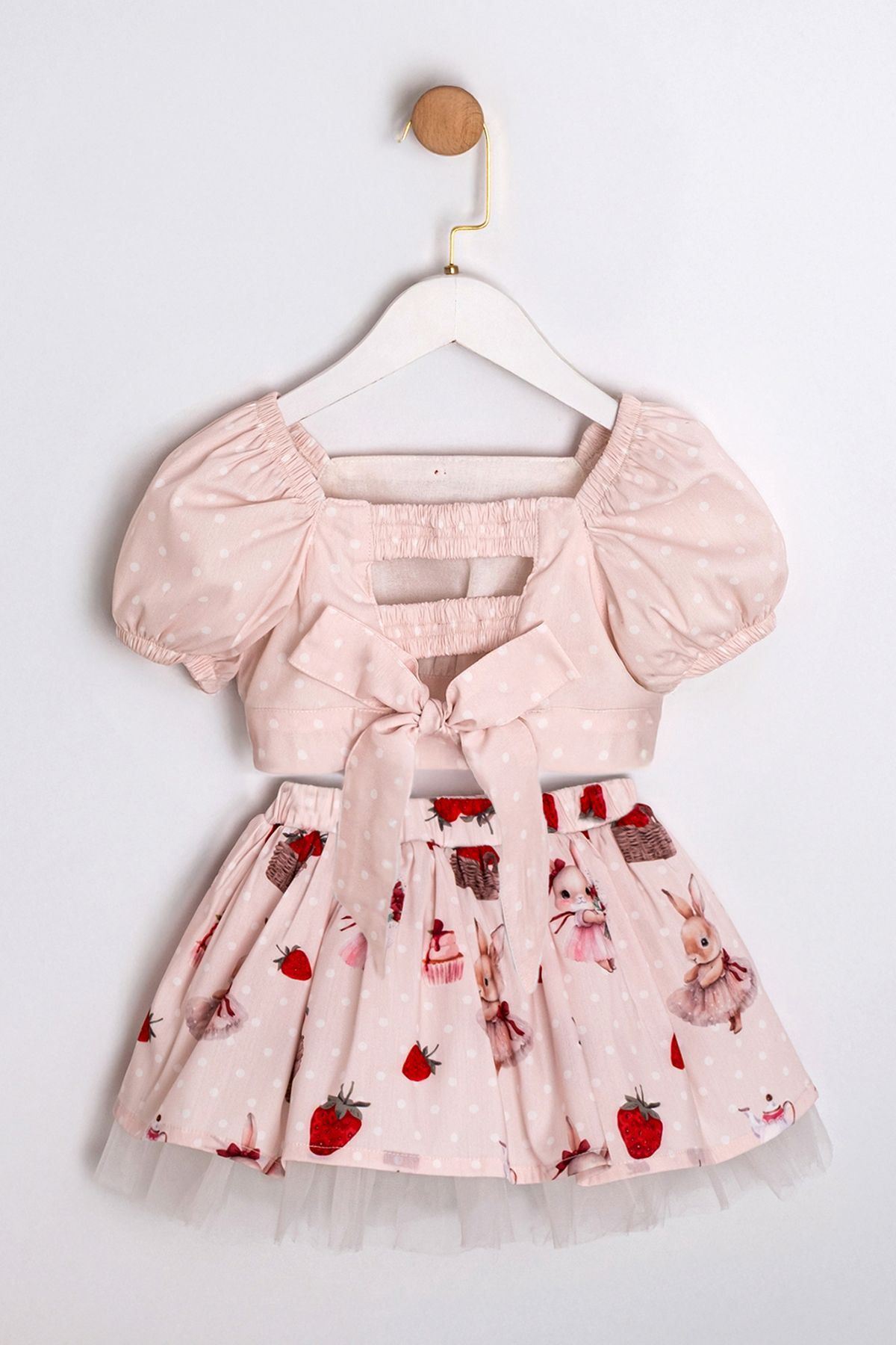 Miniğimin Cicileri Çilek Desenli Sırt Askı Detaylı Tül Etekli Kız Çocuk 2 li Takım - Pudra