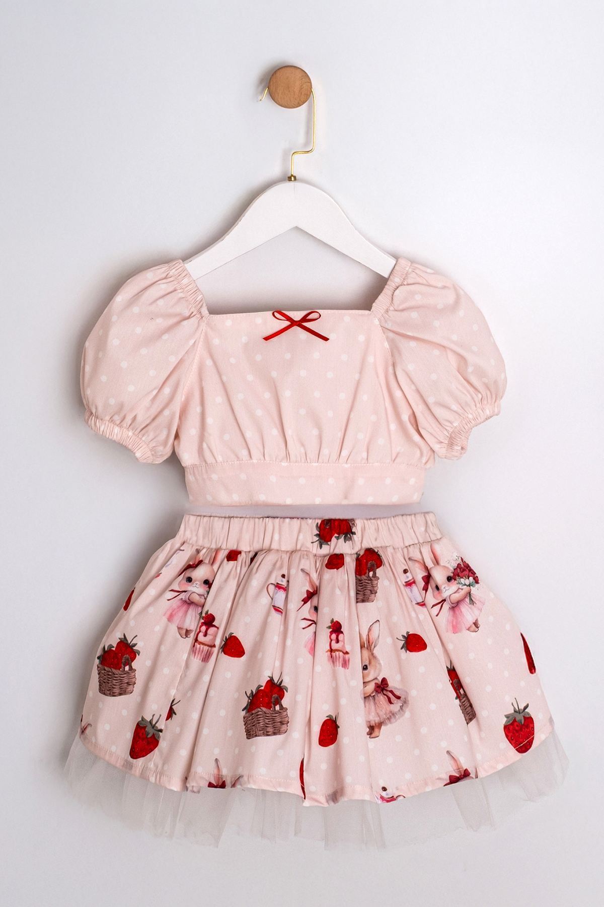 Miniğimin Cicileri Çilek Desenli Sırt Askı Detaylı Tül Etekli Kız Çocuk 2 li Takım - Pudra