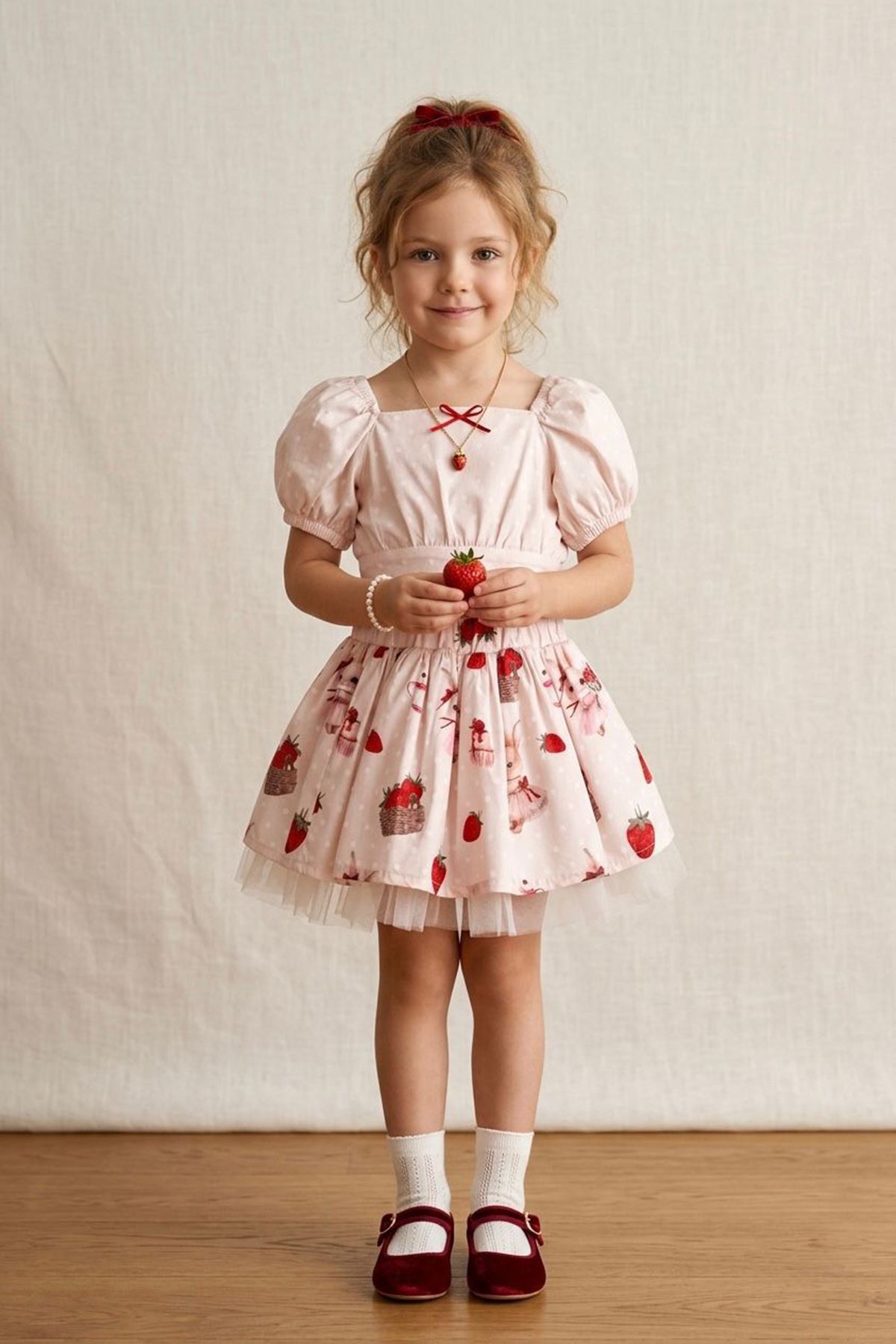 Miniğimin Cicileri Çilek Desenli Sırt Askı Detaylı Tül Etekli Kız Çocuk 2 li Takım - Pudra