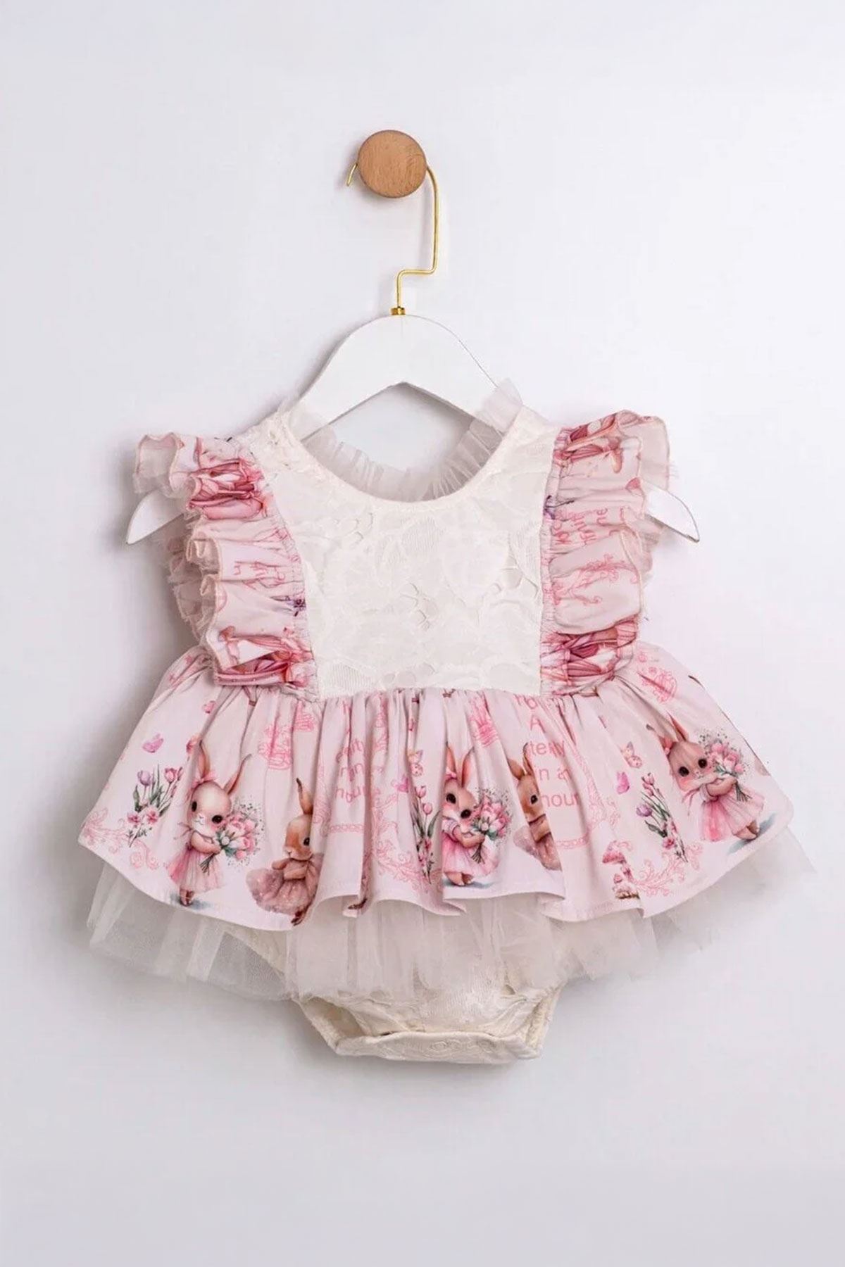 Miniğimin Cicileri Vintage Tavşan Baskılı Fırfır Detaylı Tül Kız Bebek Elbise - Pudra