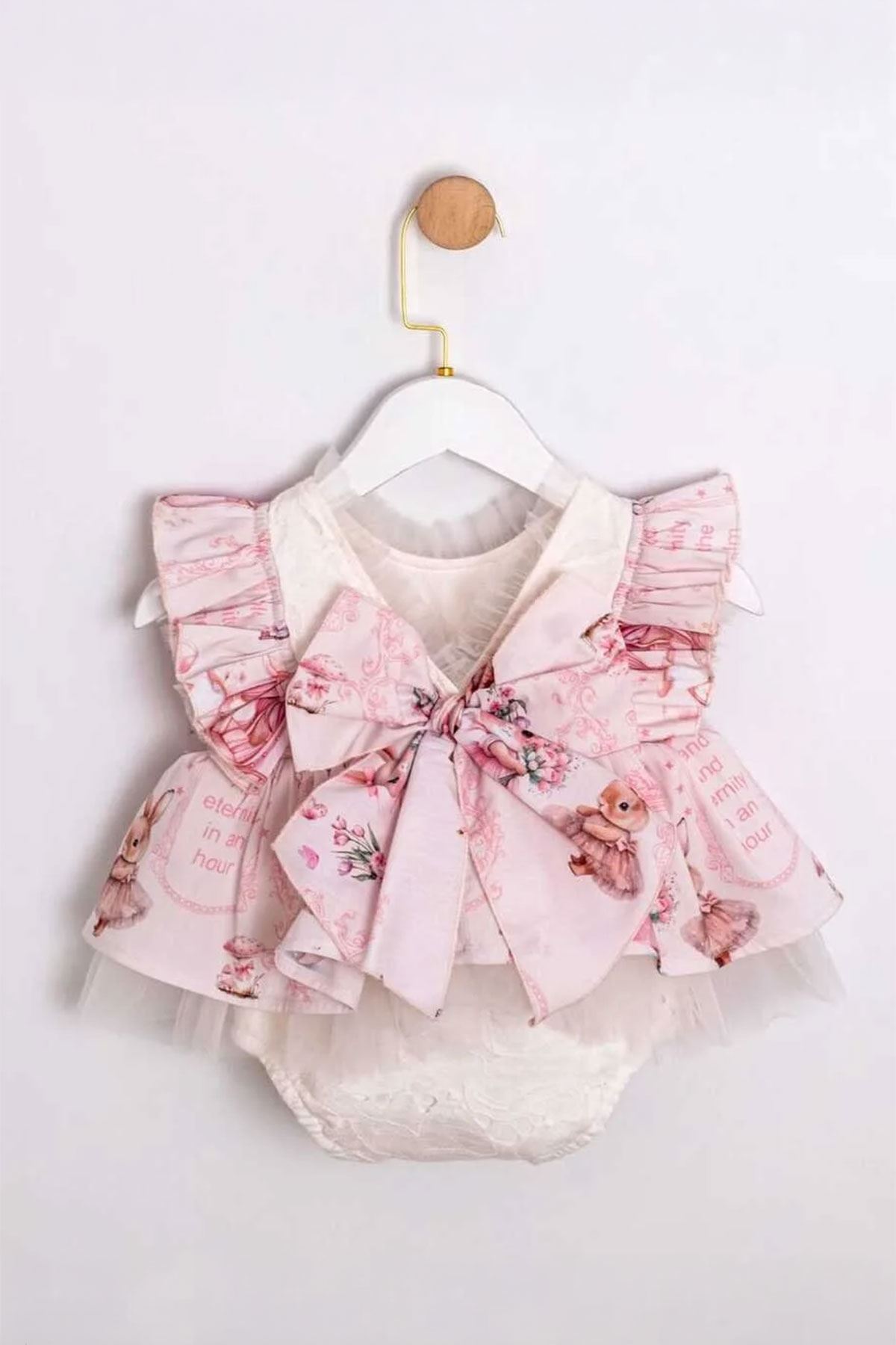 Miniğimin Cicileri Vintage Tavşan Baskılı Fırfır Detaylı Tül Kız Bebek Elbise - Pudra