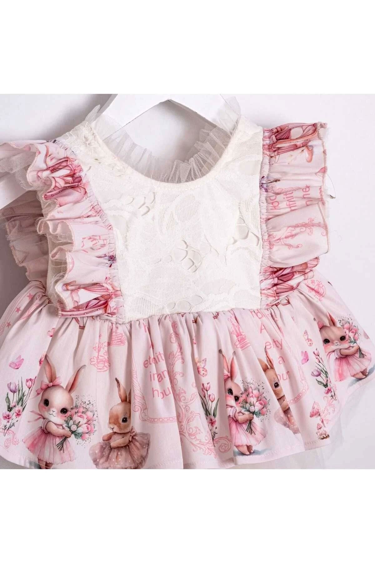 Miniğimin Cicileri Vintage Tavşan Baskılı Fırfır Detaylı Tül Kız Bebek Elbise - Pudra