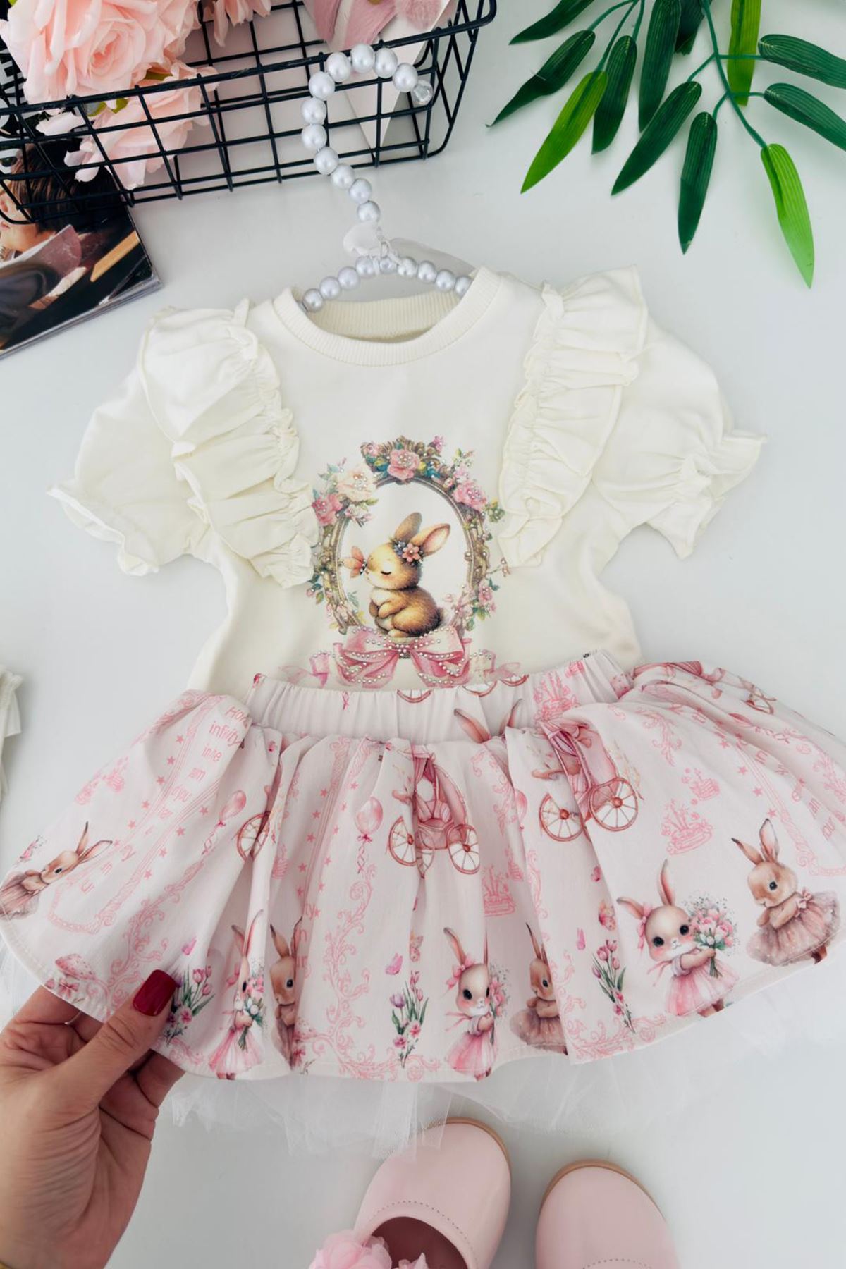 Miniğimin Cicileri Vintage Tavşan Detaylı Firfırlı Kız Bebek 2 li Takım - Ekru