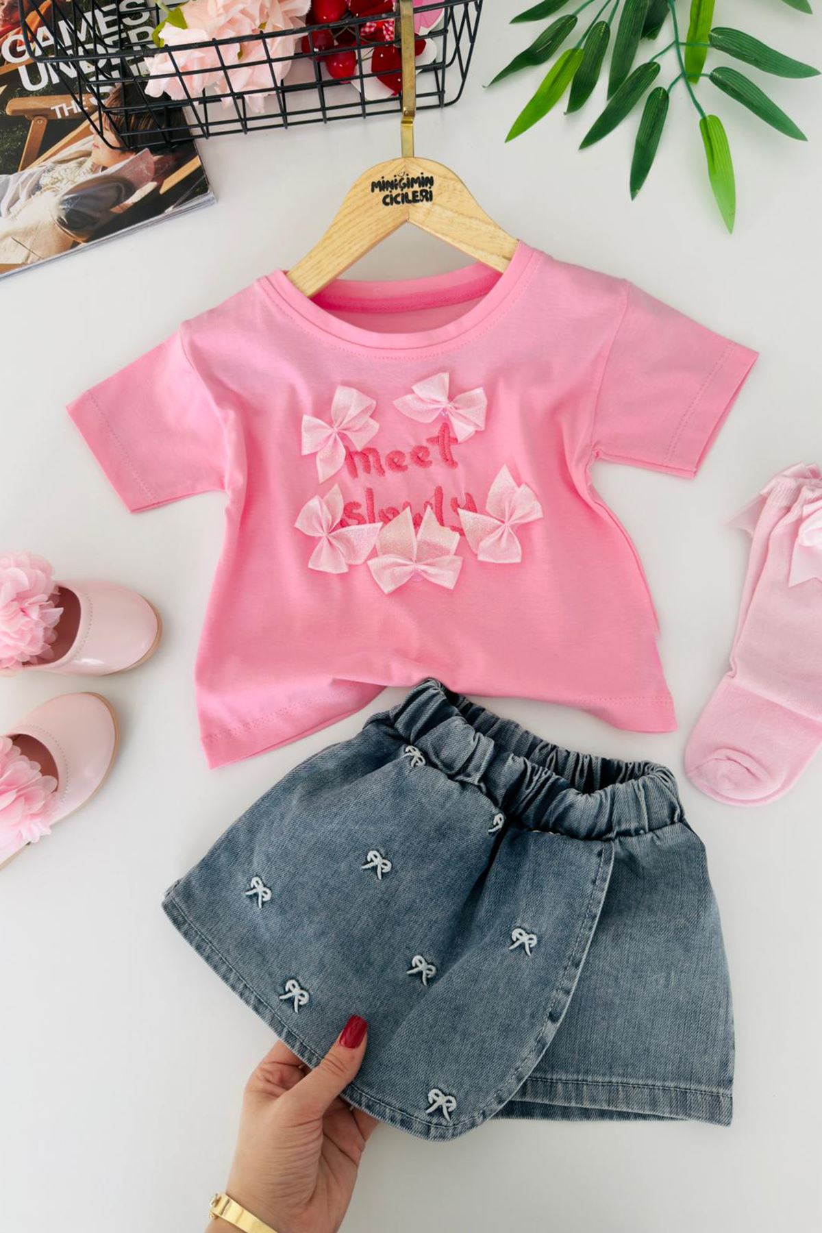 Miniğimin Cicileri Fiyonk Detaylı Meet Kız Çocuk Kot Şort Etekli 2 li Takım - Pembe