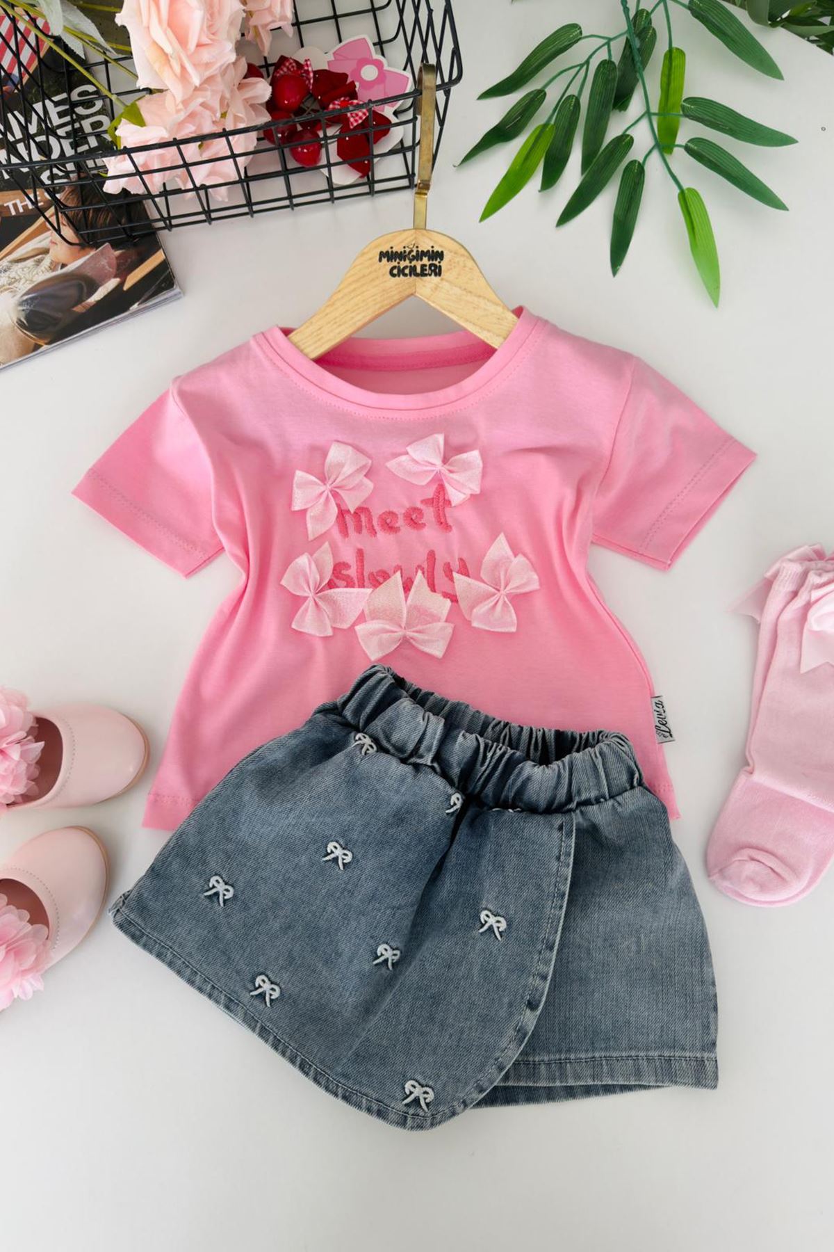 Miniğimin Cicileri Fiyonk Detaylı Meet Kız Çocuk Kot Şort Etekli 2 li Takım - Pembe