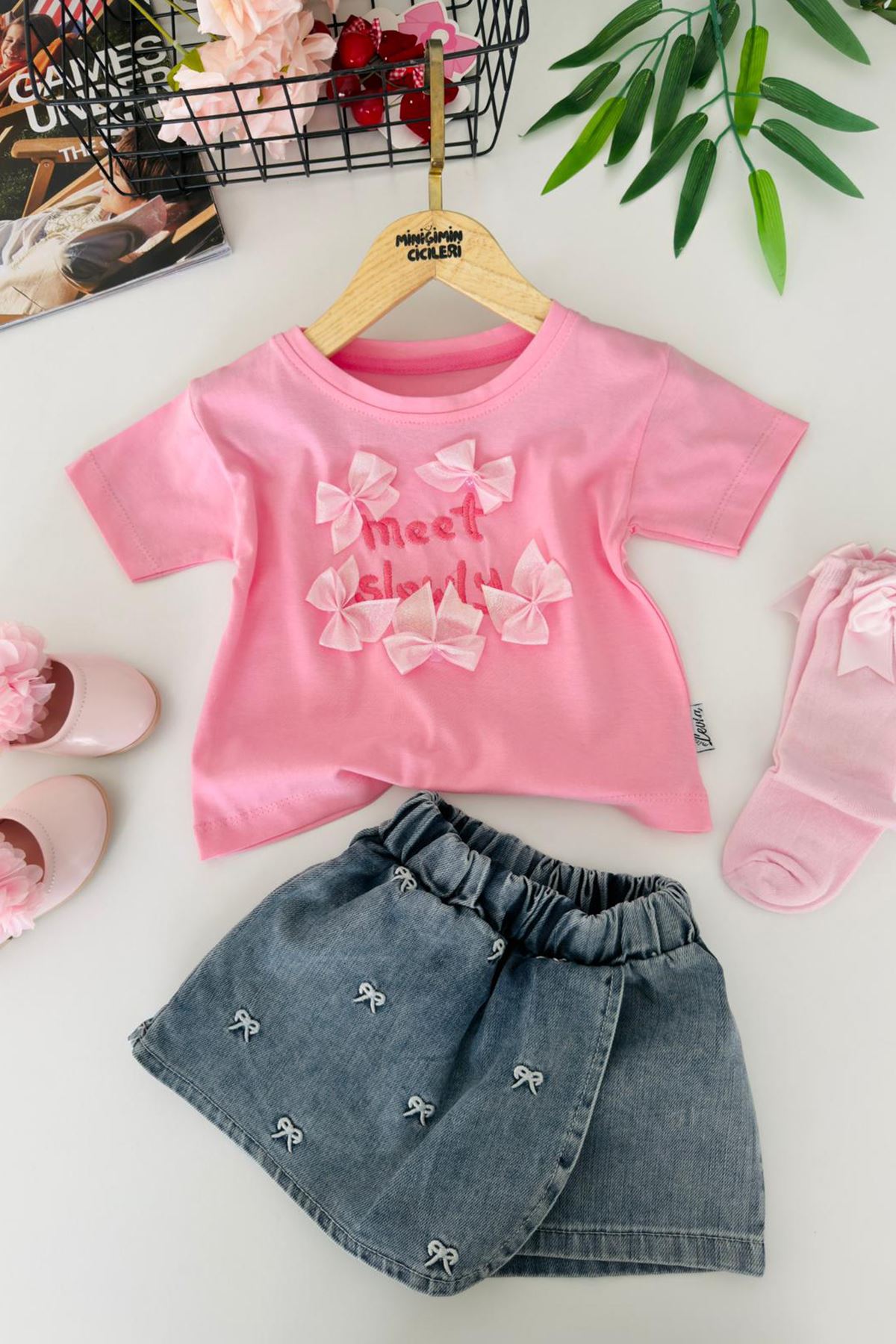 Miniğimin Cicileri Fiyonk Detaylı Meet Kız Çocuk Kot Şort Etekli 2 li Takım - Pembe