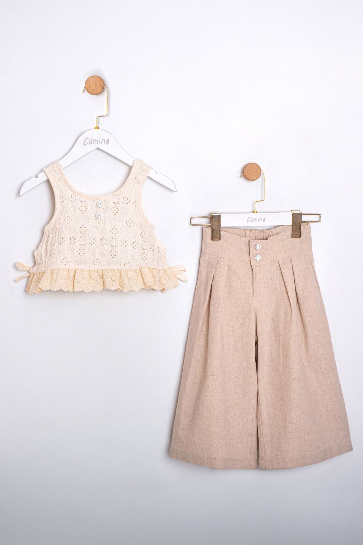 Miniğimin Cicileri Doğal Doku Kız Çocuk Bluz Pantolon Takımı - Bej