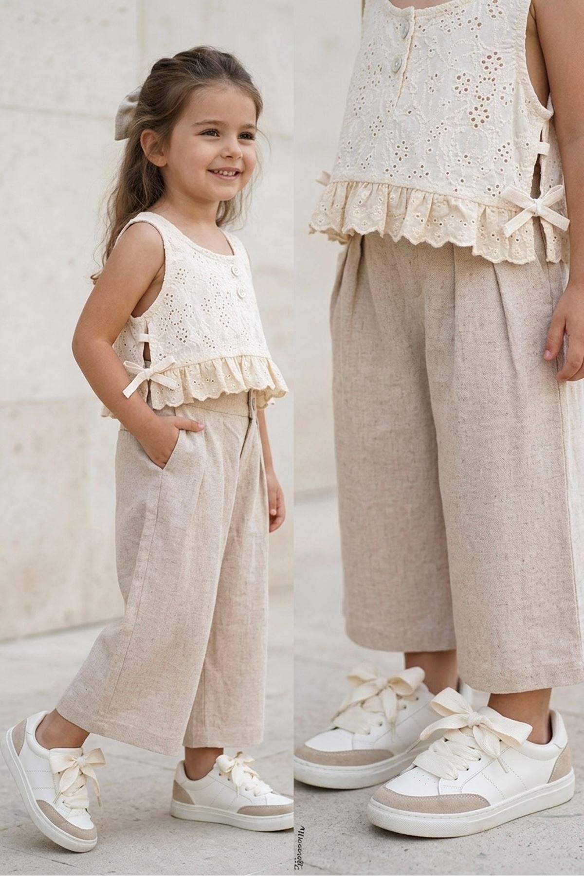 Miniğimin Cicileri Doğal Doku Kız Çocuk Bluz Pantolon Takımı - Bej