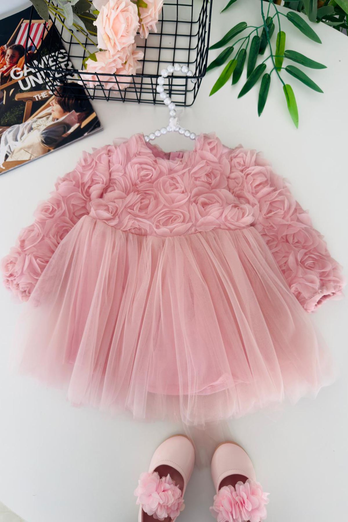 Miniğimin Cicileri Gül Desenli Kız Çocuk Uzun Kol Abiye Elbise - Pembe