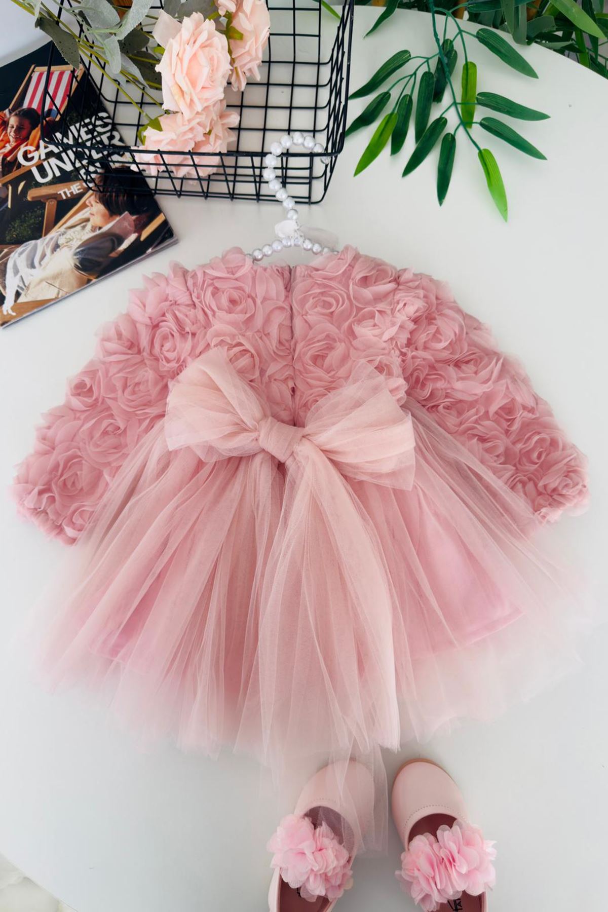 Miniğimin Cicileri Gül Desenli Kız Çocuk Uzun Kol Abiye Elbise - Pembe