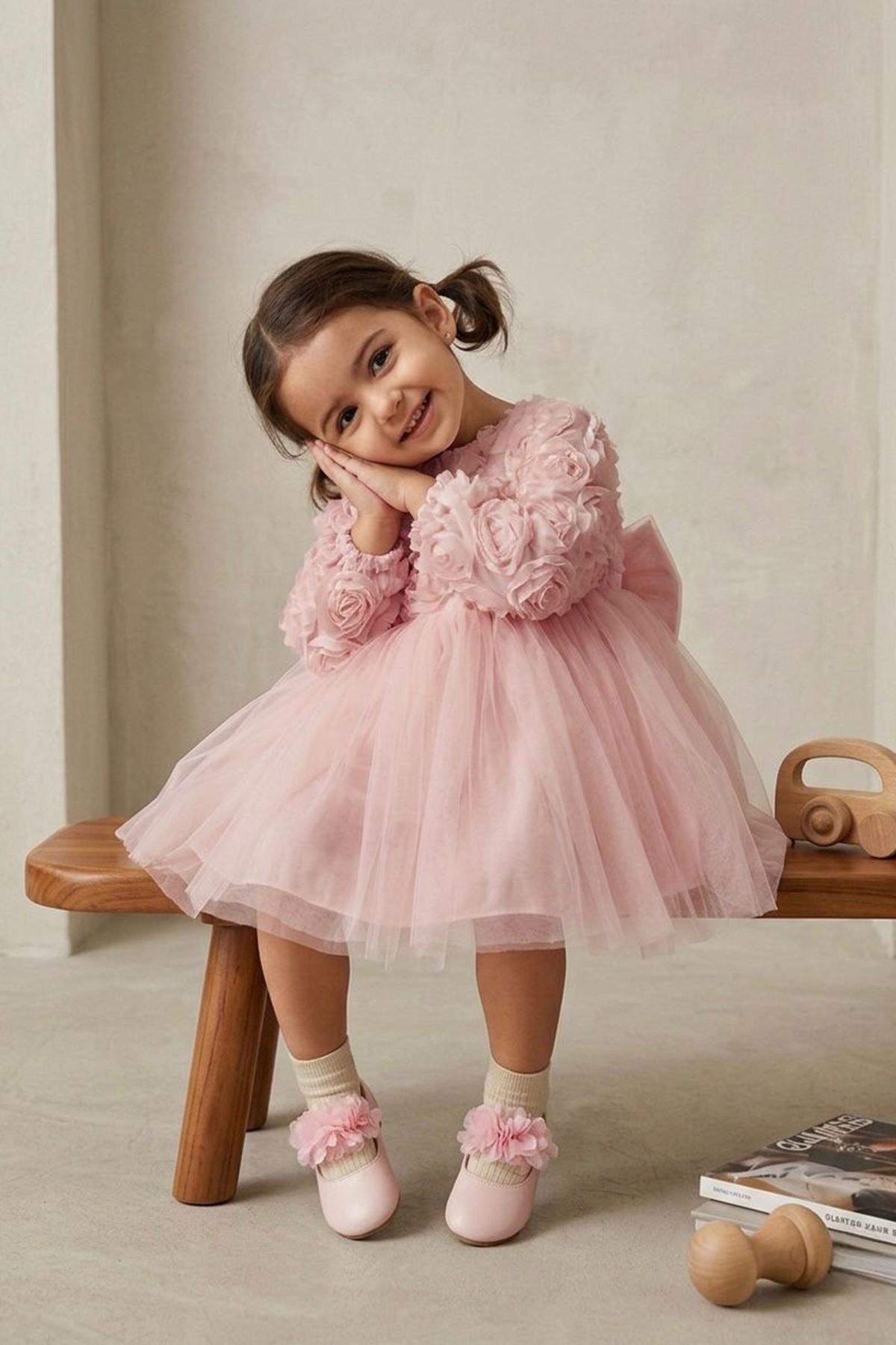 Miniğimin Cicileri Gül Desenli Kız Çocuk Uzun Kol Abiye Elbise - Pembe