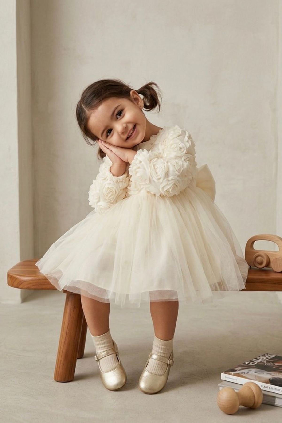 Miniğimin Cicileri Gül Desenli Kız Çocuk Uzun Kol Abiye Elbise - Ekru