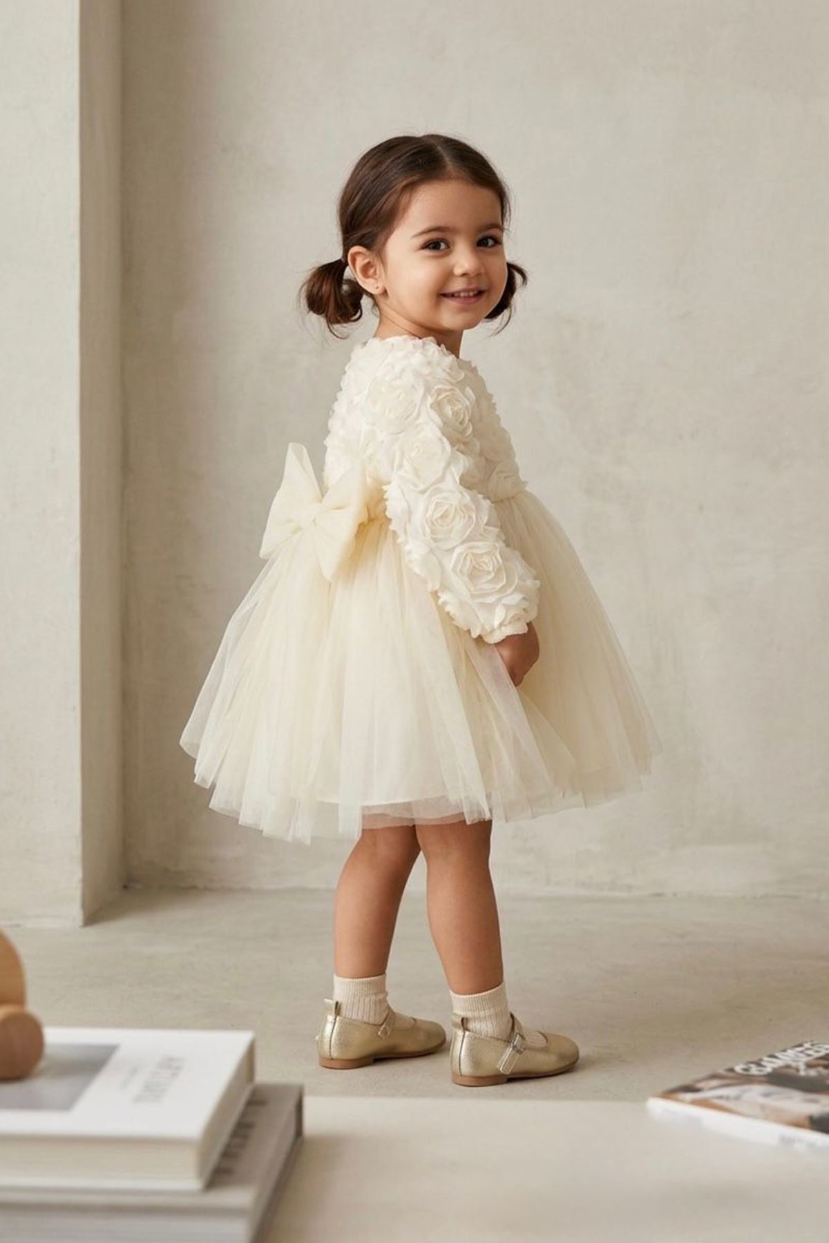 Miniğimin Cicileri Gül Desenli Kız Çocuk Uzun Kol Abiye Elbise - Ekru