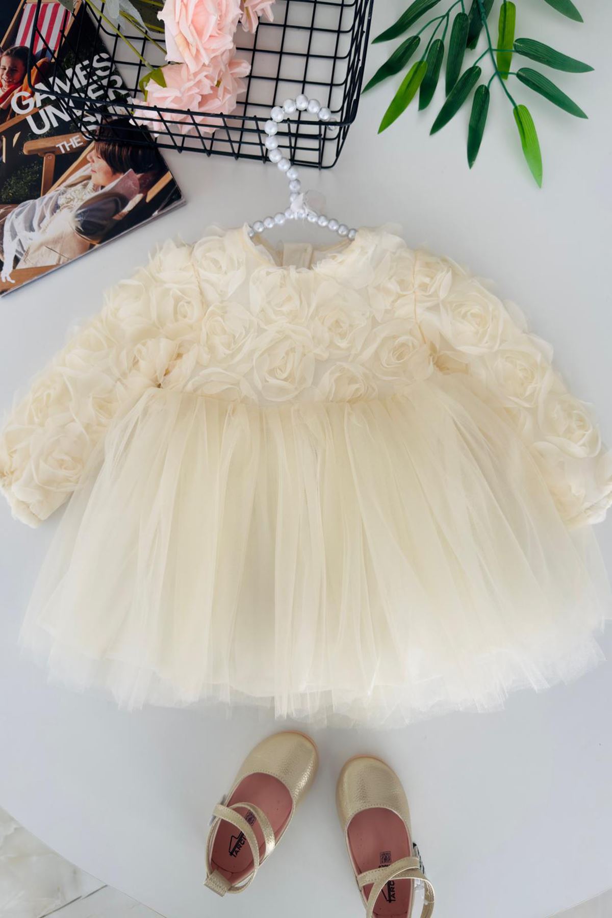 Miniğimin Cicileri Gül Desenli Kız Çocuk Uzun Kol Abiye Elbise - Ekru