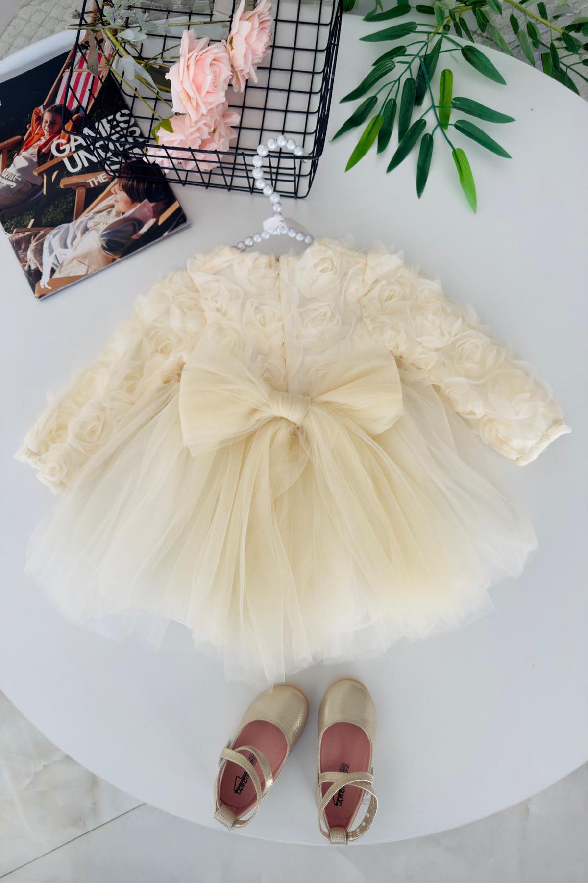 Miniğimin Cicileri Gül Desenli Kız Çocuk Uzun Kol Abiye Elbise - Ekru