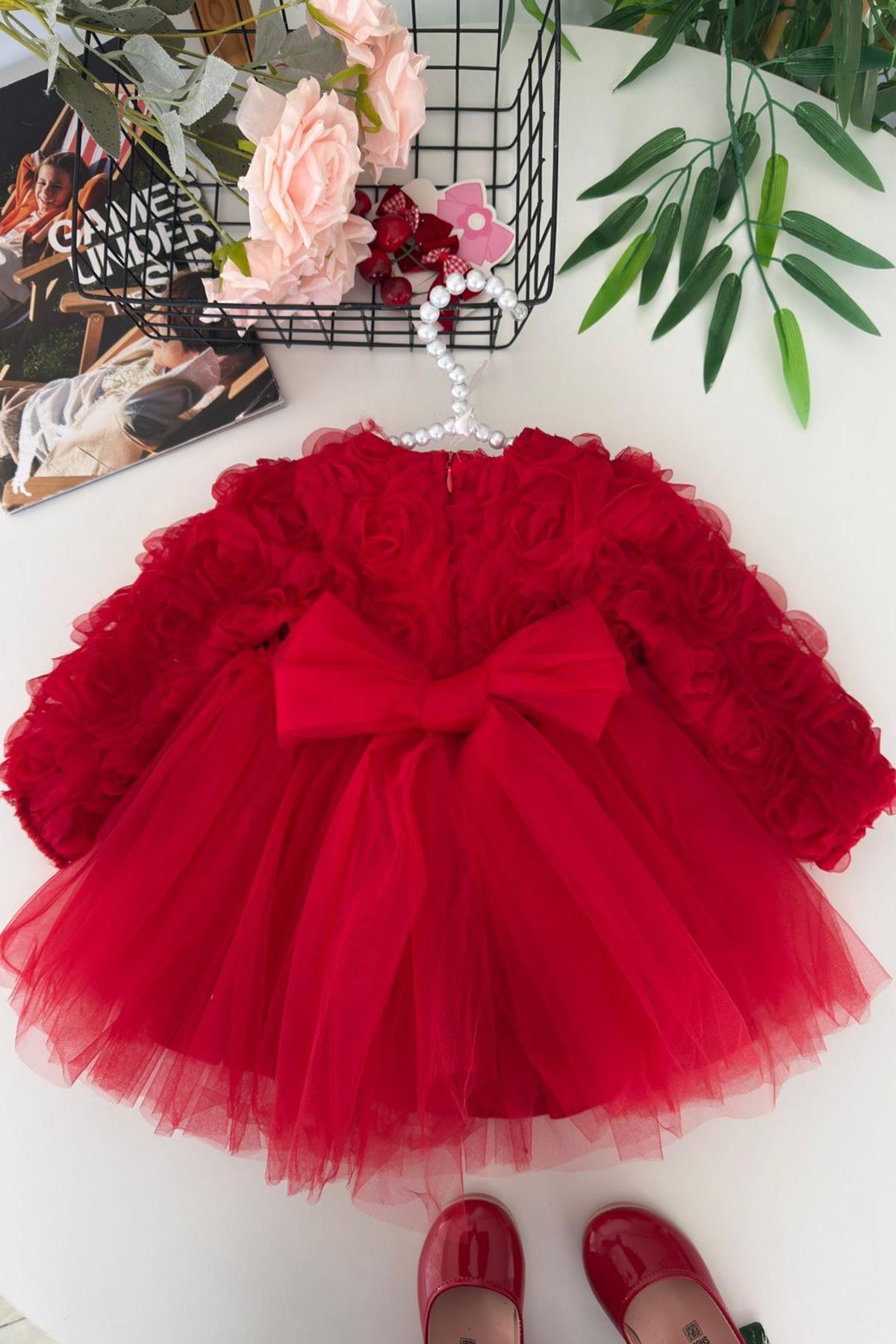 Miniğimin Cicileri Gül Desenli Kız Çocuk Uzun Kol Abiye Elbise - Kırmızı