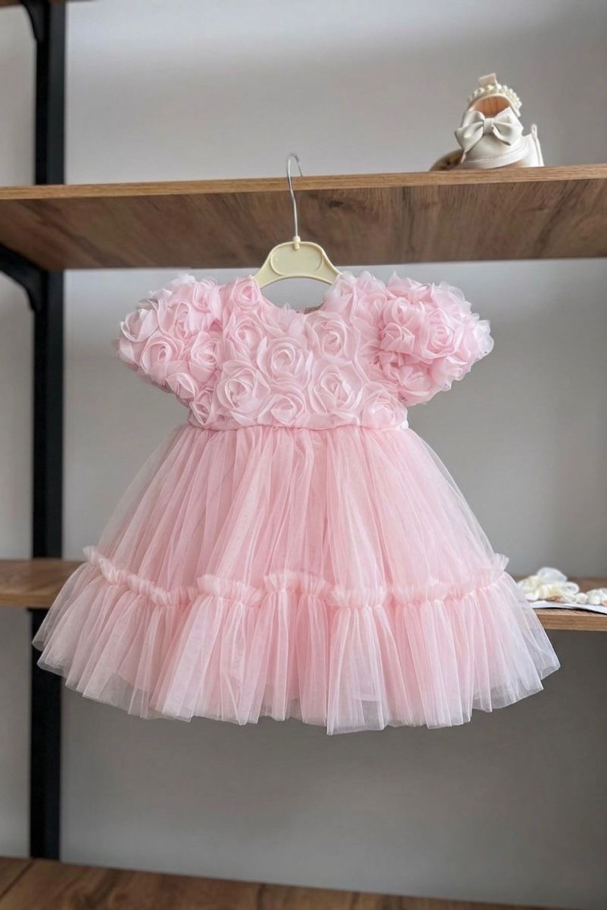 Miniğimin Cicileri Gül Desenli Kız Çocuk Kısa Kol Abiye Elbise - Pembe