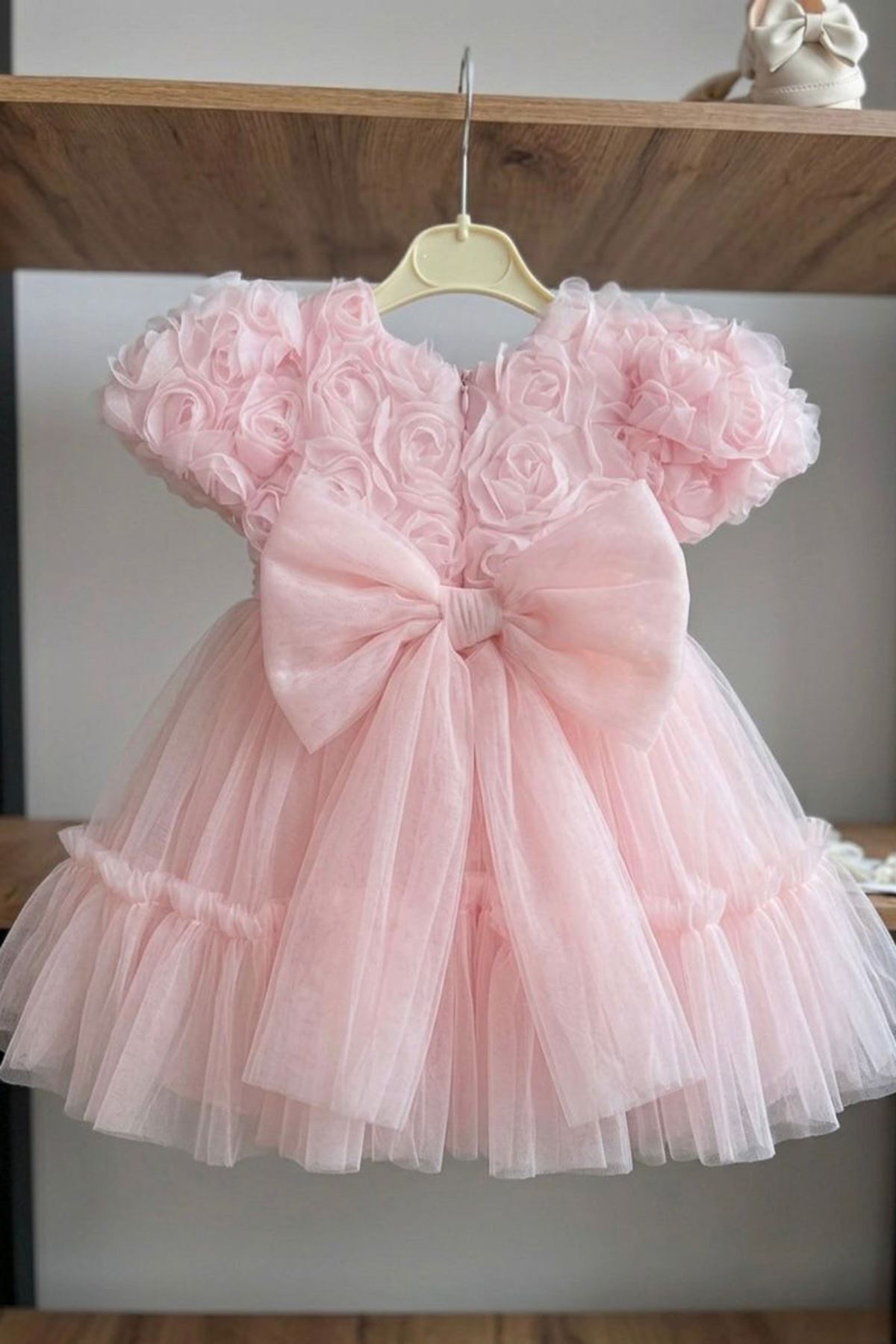 Miniğimin Cicileri Gül Desenli Kız Çocuk Kısa Kol Abiye Elbise - Pembe