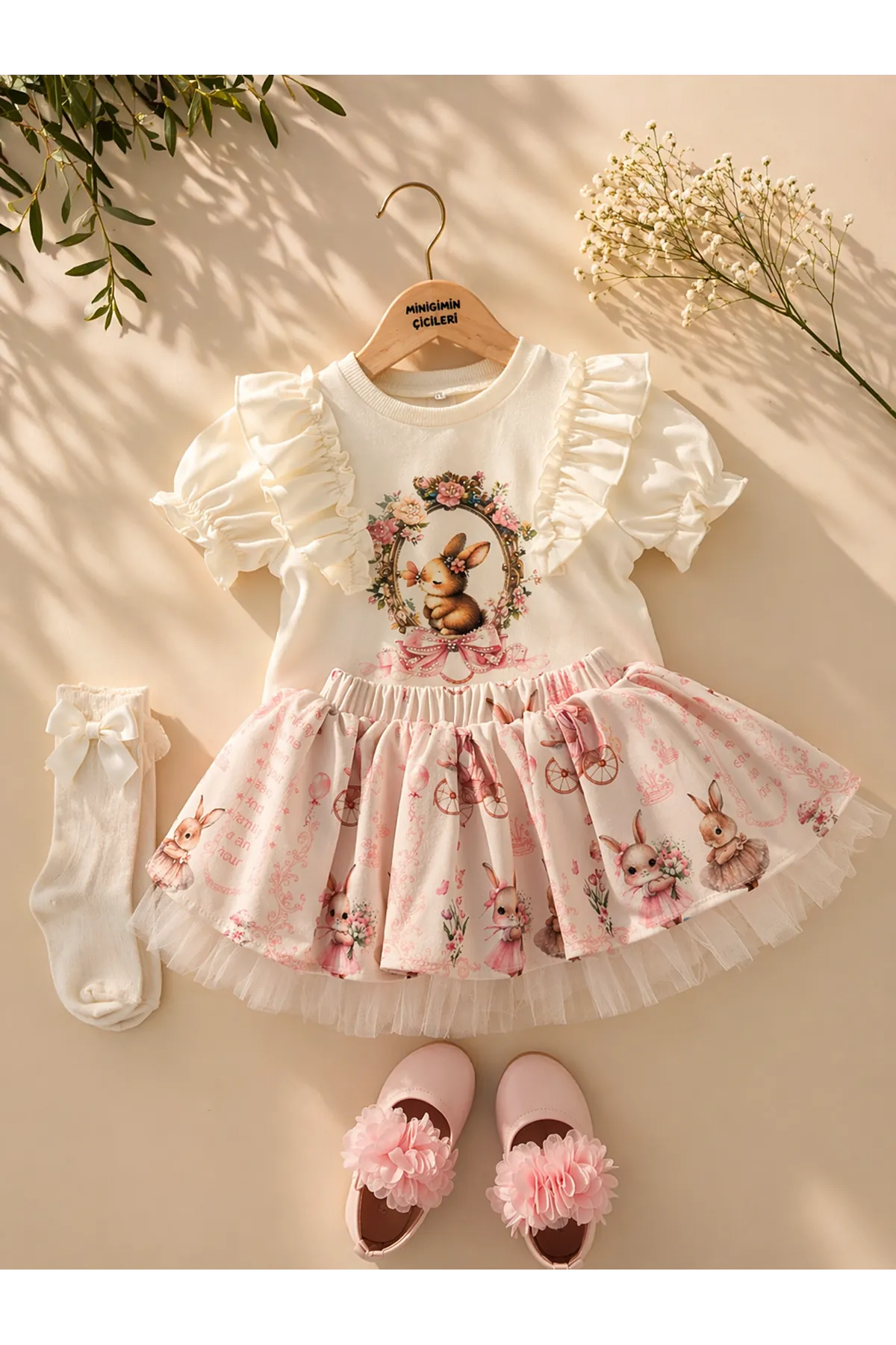 Miniğimin Cicileri Vintage Tavşan Detaylı Firfırlı Kız Bebek 2 li Takım - Ekru