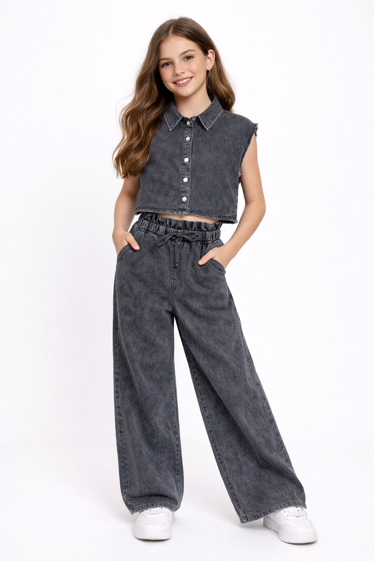 Miniğimin Cicileri 10-16 Yaş Keten Gömlekli Yıkamalı Kız Çocuk Takım - Siyah