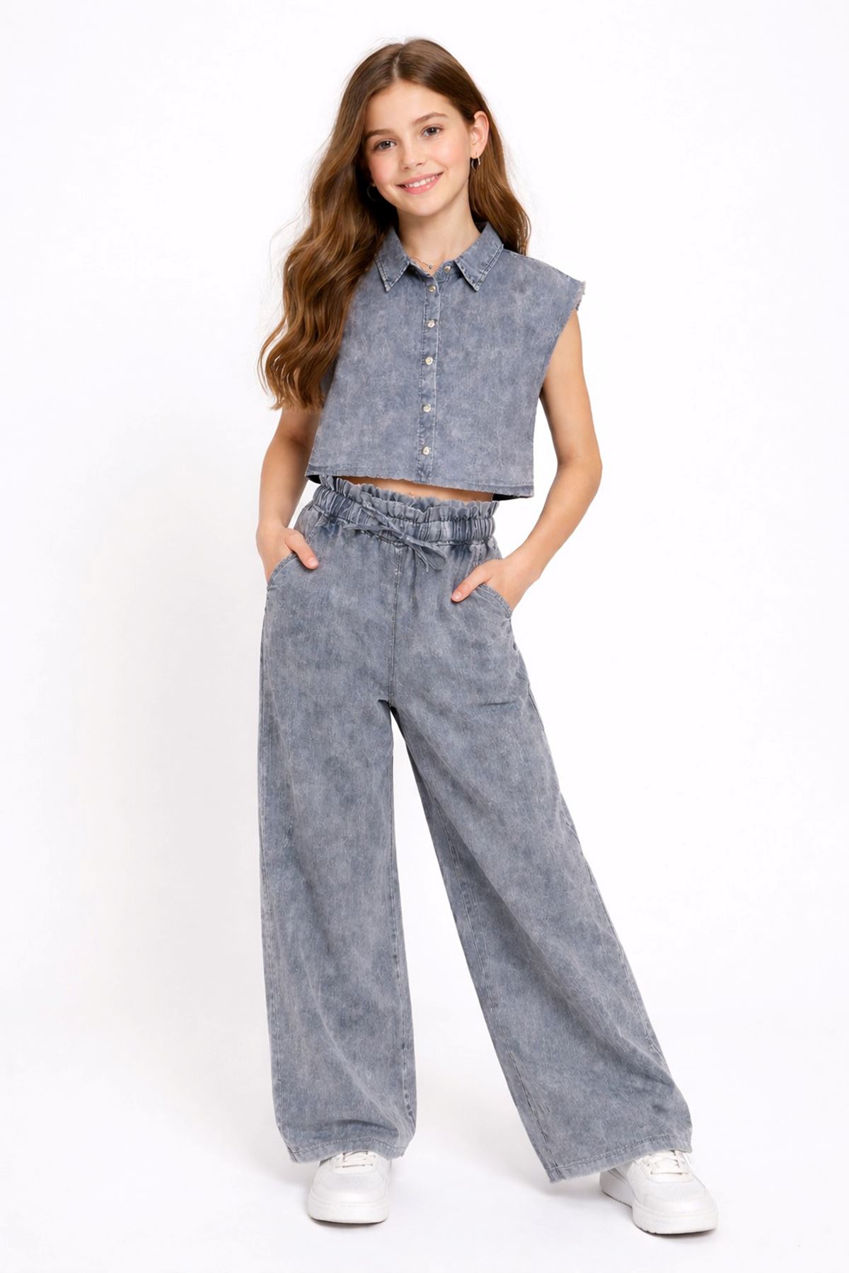 Miniğimin Cicileri 10-16 Yaş Keten Gömlekli Yıkamalı Kız Çocuk Takım - Gri