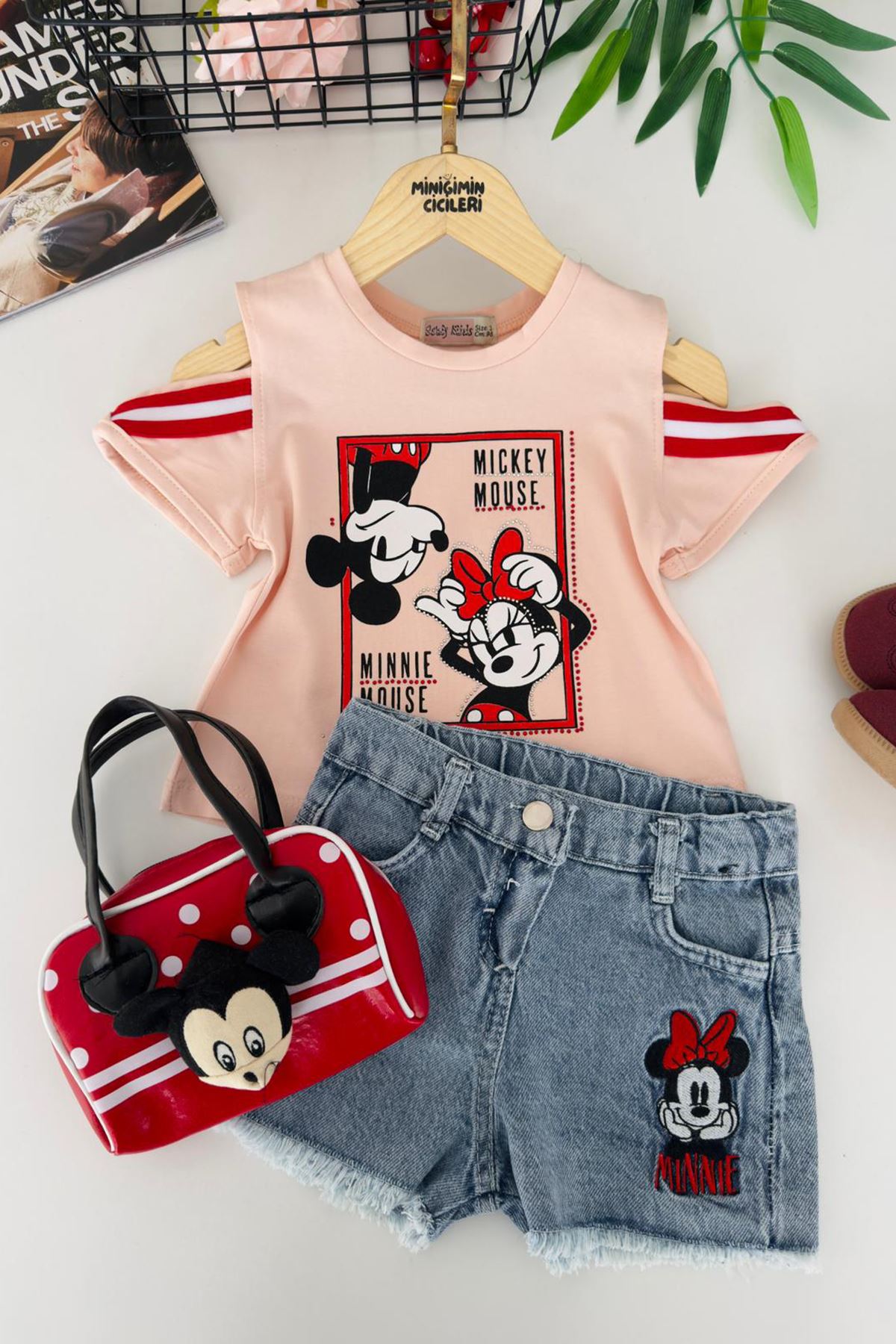 Miniğimin Cicileri Mnn Çantalı Kız Çocuk 3 lü Kot Şortlu Takım - Somon