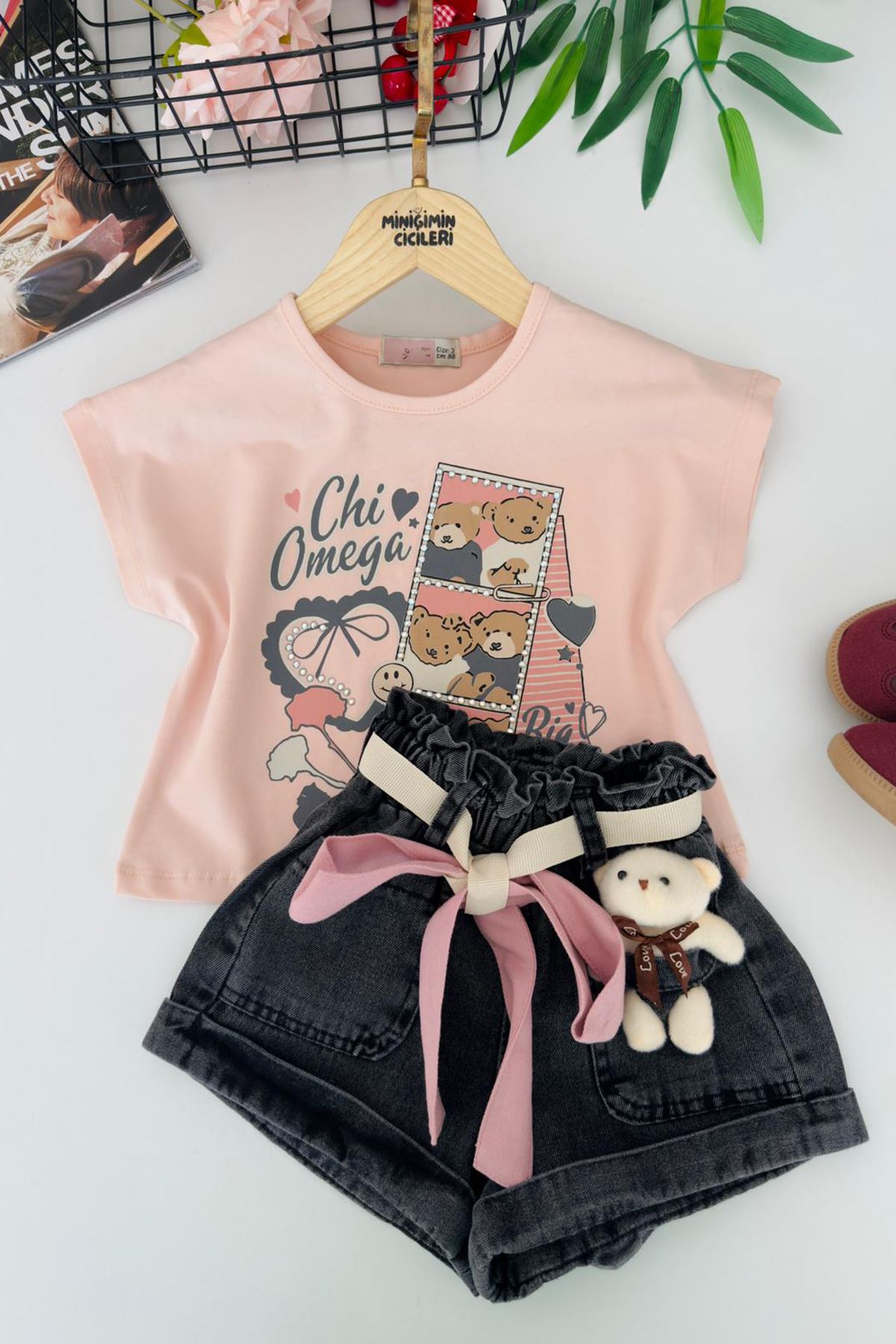 Miniğimin Cicileri Ayıcık Detaylı Taş İşleme Detaylı Kız Çocuk 2 li Takım - Pudra