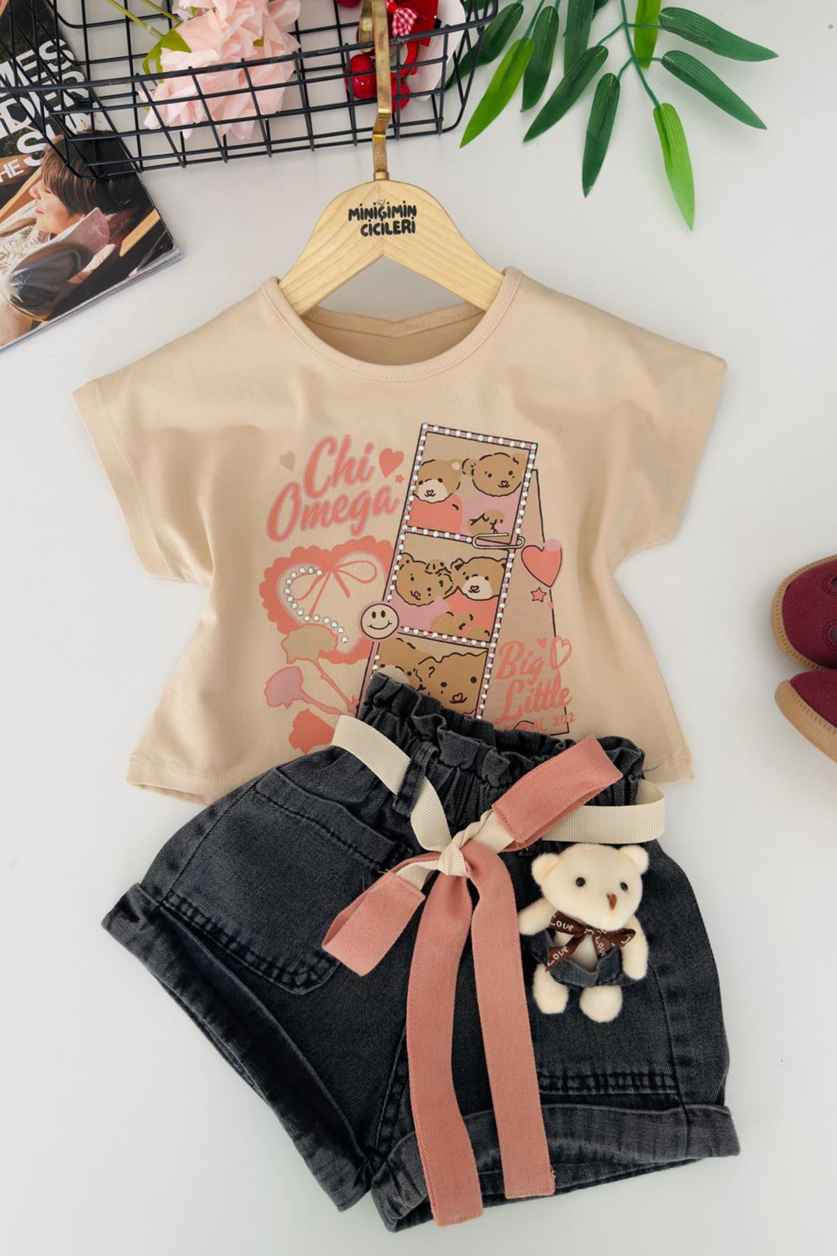 Miniğimin Cicileri Ayıcık Detaylı Taş İşleme Detaylı Kız Çocuk 2 li Takım - Kahve