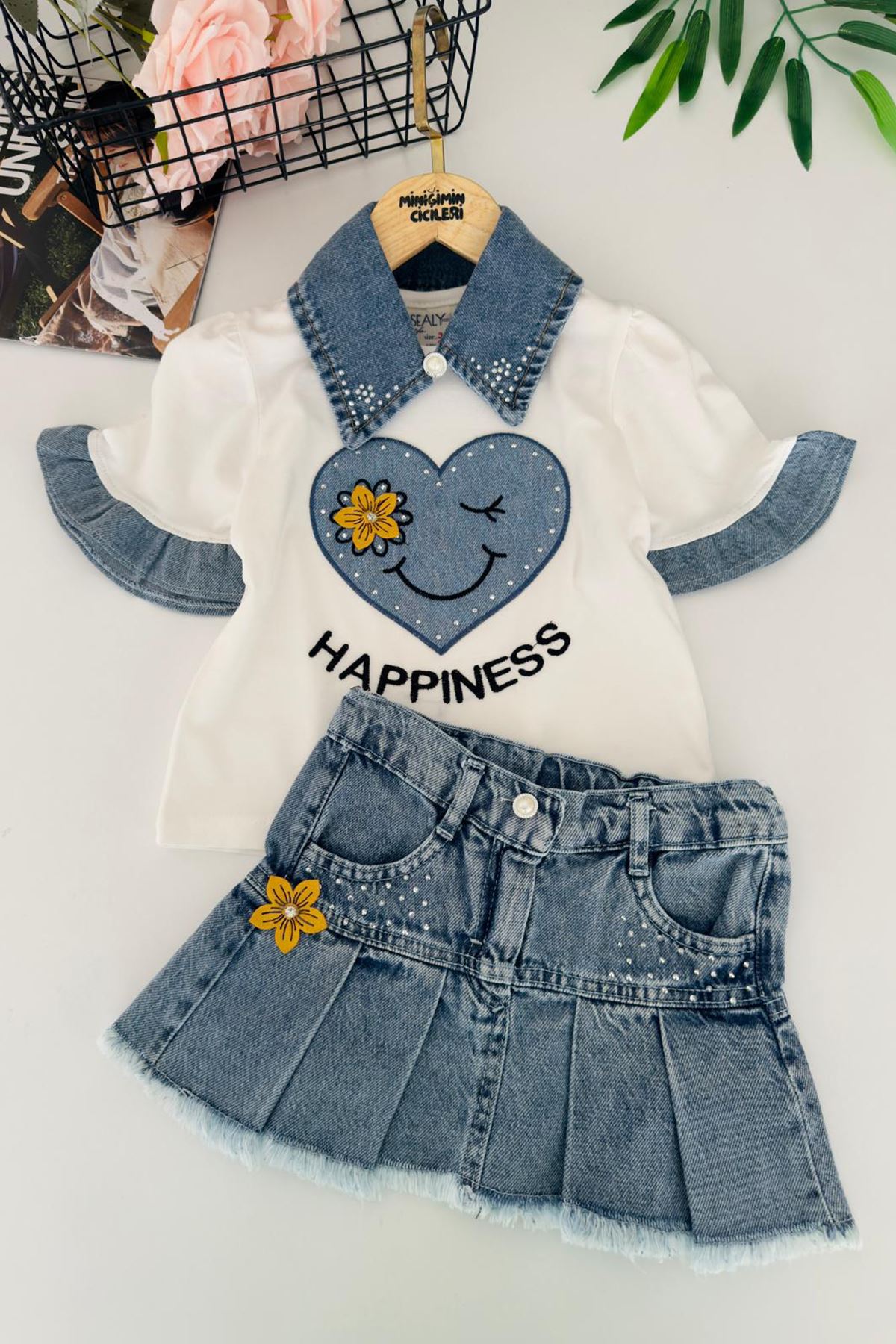 Miniğimin Cicileri Happines Çiçek Detaylı Etekli Kız Çocuk 2 li Takım - Mavi