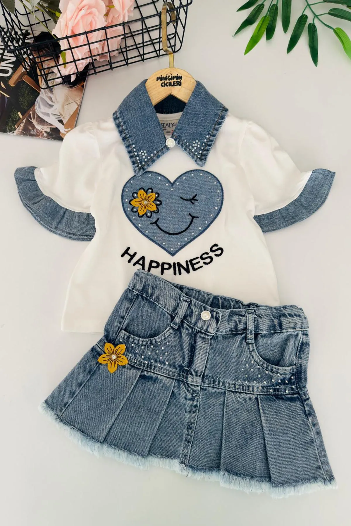 Miniğimin Cicileri Happines Çiçek Detaylı Etekli Kız Çocuk 2 li Takım - Mavi