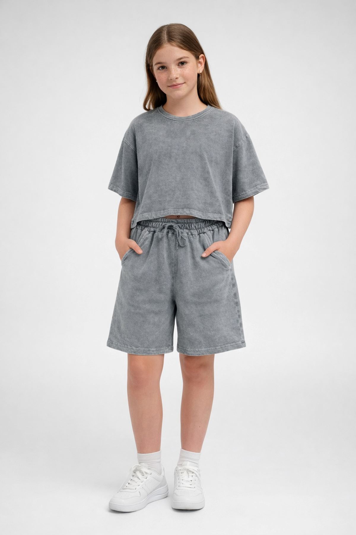 Miniğimin Cicileri 6-16 Yaş Kompak Yıkamalı Şortlu Düz Kız Çocuk Takım - Gri