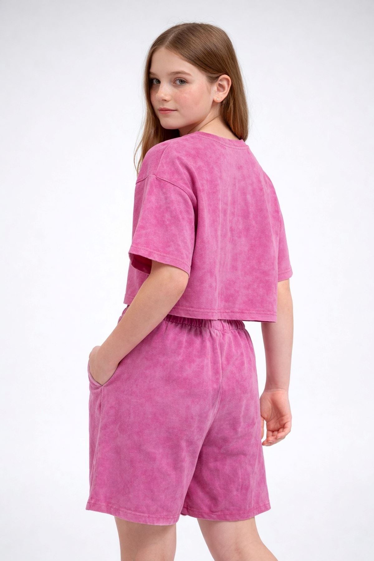Miniğimin Cicileri 6-16 Yaş Kompak Yıkamalı Şortlu Düz Kız Çocuk Takım - Fuşya