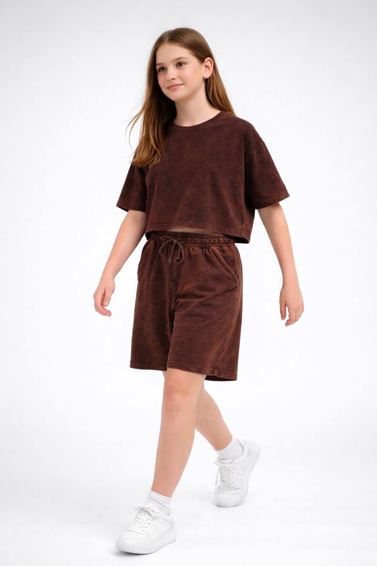 Miniğimin Cicileri 6-16 Yaş Kompak Yıkamalı Şortlu Düz Kız Çocuk Takım - Kahve