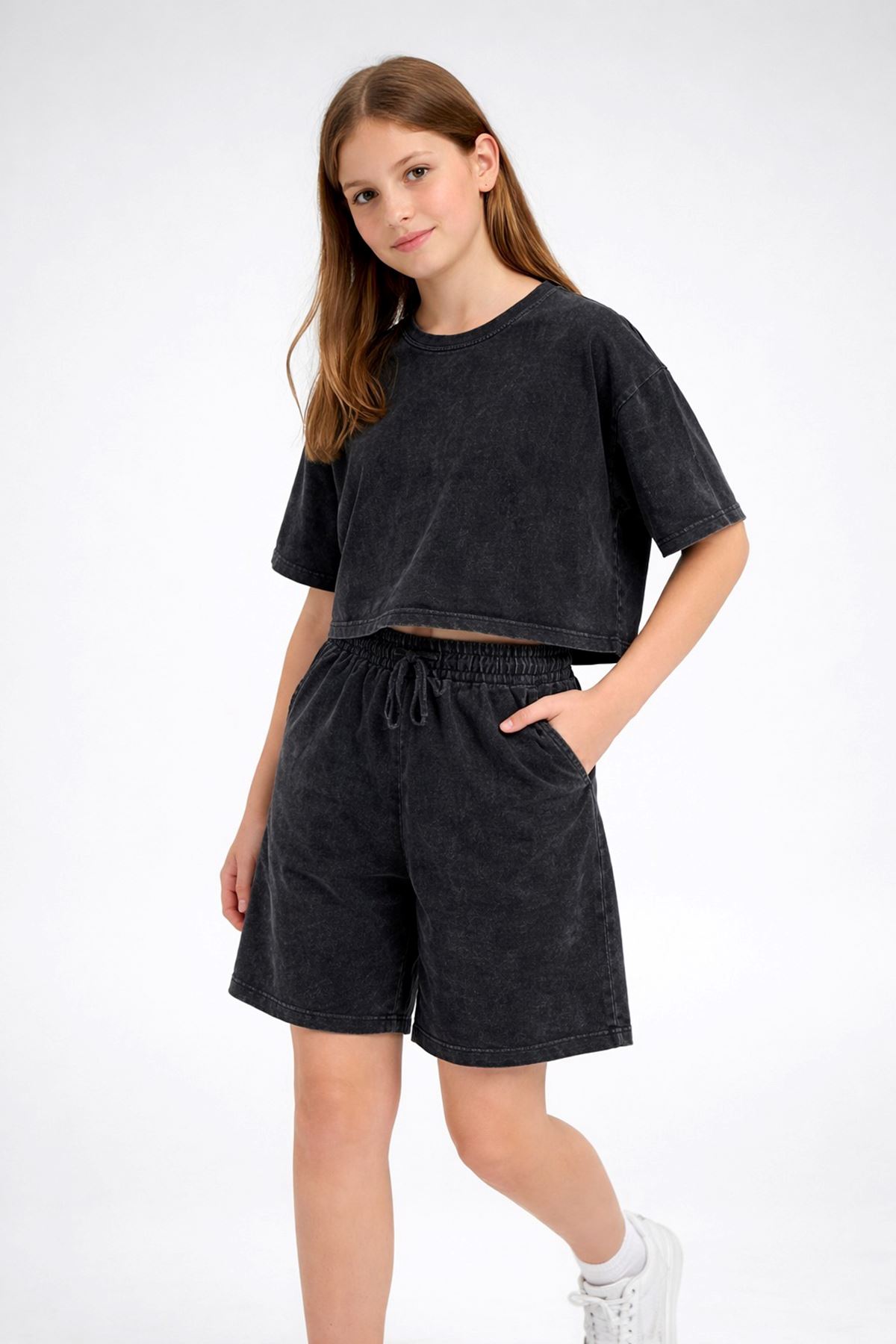 Miniğimin Cicileri 6-16 Yaş Kompak Yıkamalı Şortlu Düz Kız Çocuk Takım - Siyah