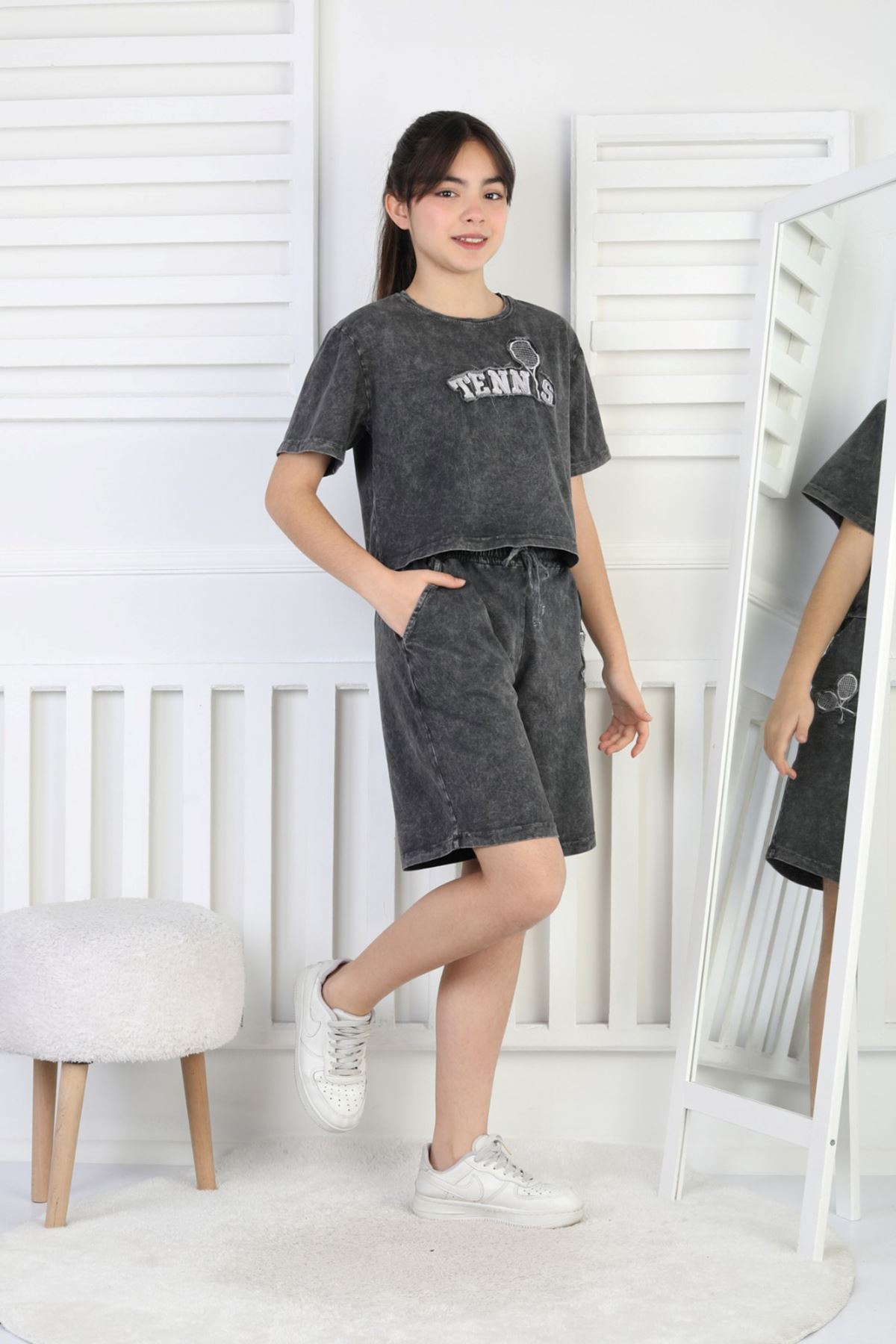 Miniğimin Cicileri 6-16 Yaş Kompak Tennis Nakışlı Yıkamalı Şortlu Kız Çocuk Takım - Siyah