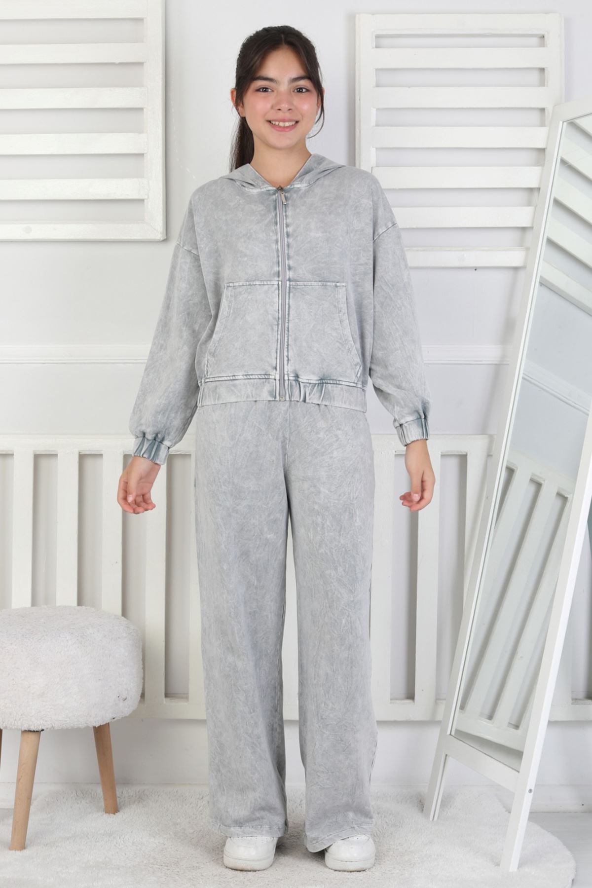 Miniğimin Cicileri 6-9 Yaş Fermuarlı Yıkamalı Kız Çocuk 2li Takım - Gri