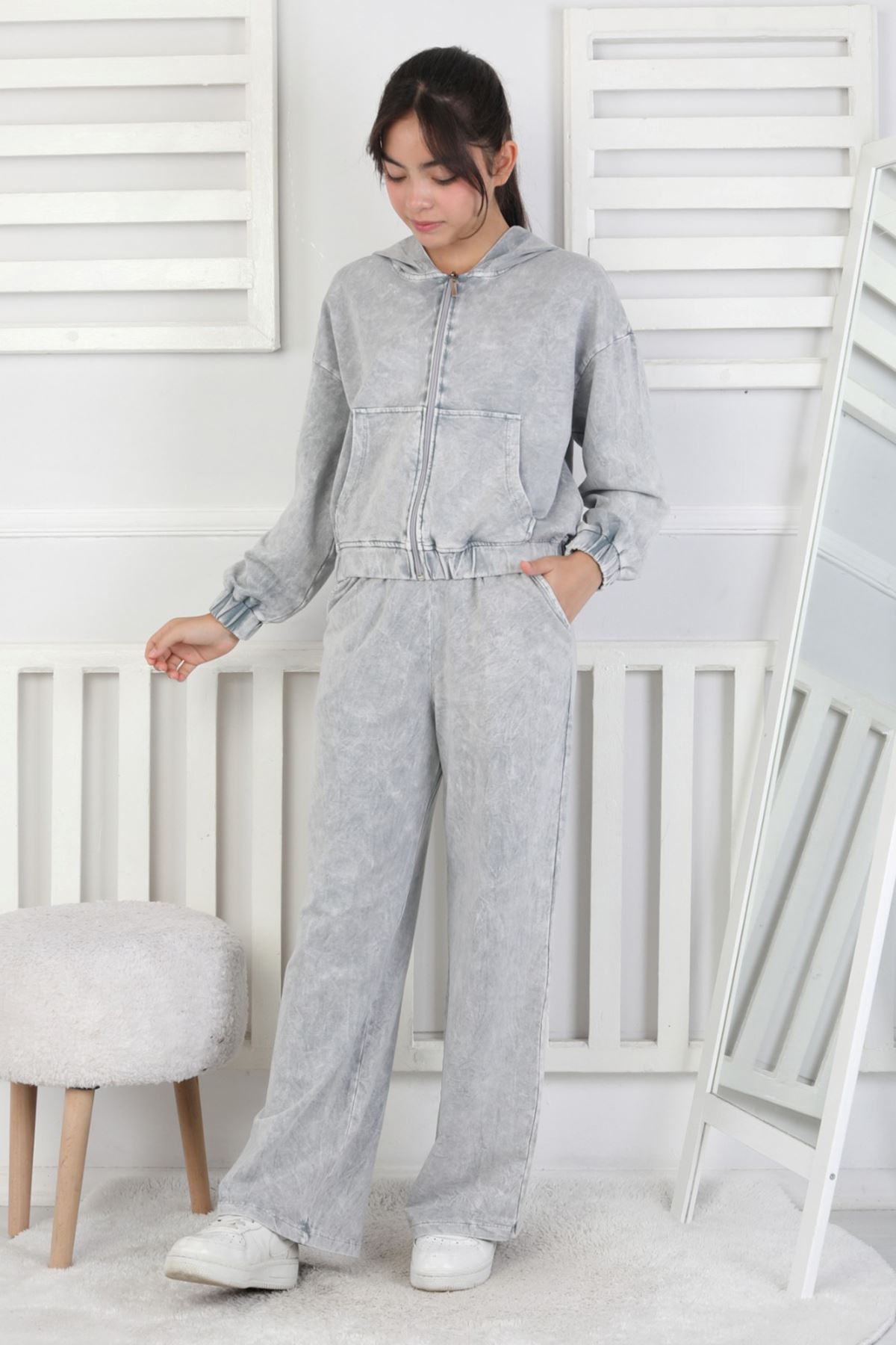 Miniğimin Cicileri 6-9 Yaş Fermuarlı Yıkamalı Kız Çocuk 2li Takım - Gri