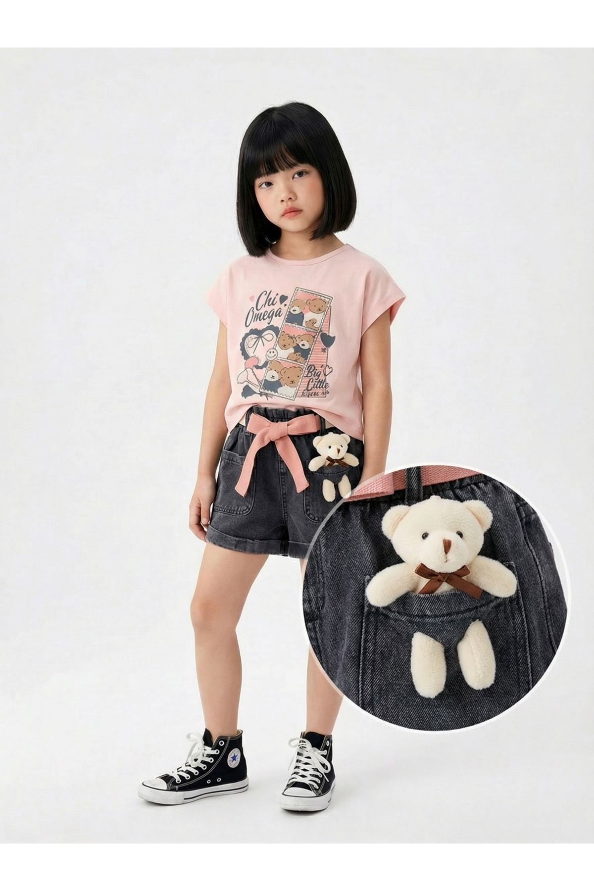 Miniğimin Cicileri Ayıcık Detaylı Taş İşleme Detaylı Kız Çocuk 2 li Takım - Pudra