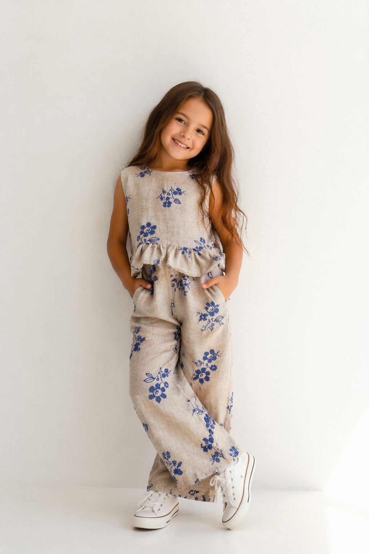 Miniğimin Cicileri Etnik Çiçek Desenli Kız Çocuk Keten İkili Takım - Mavi