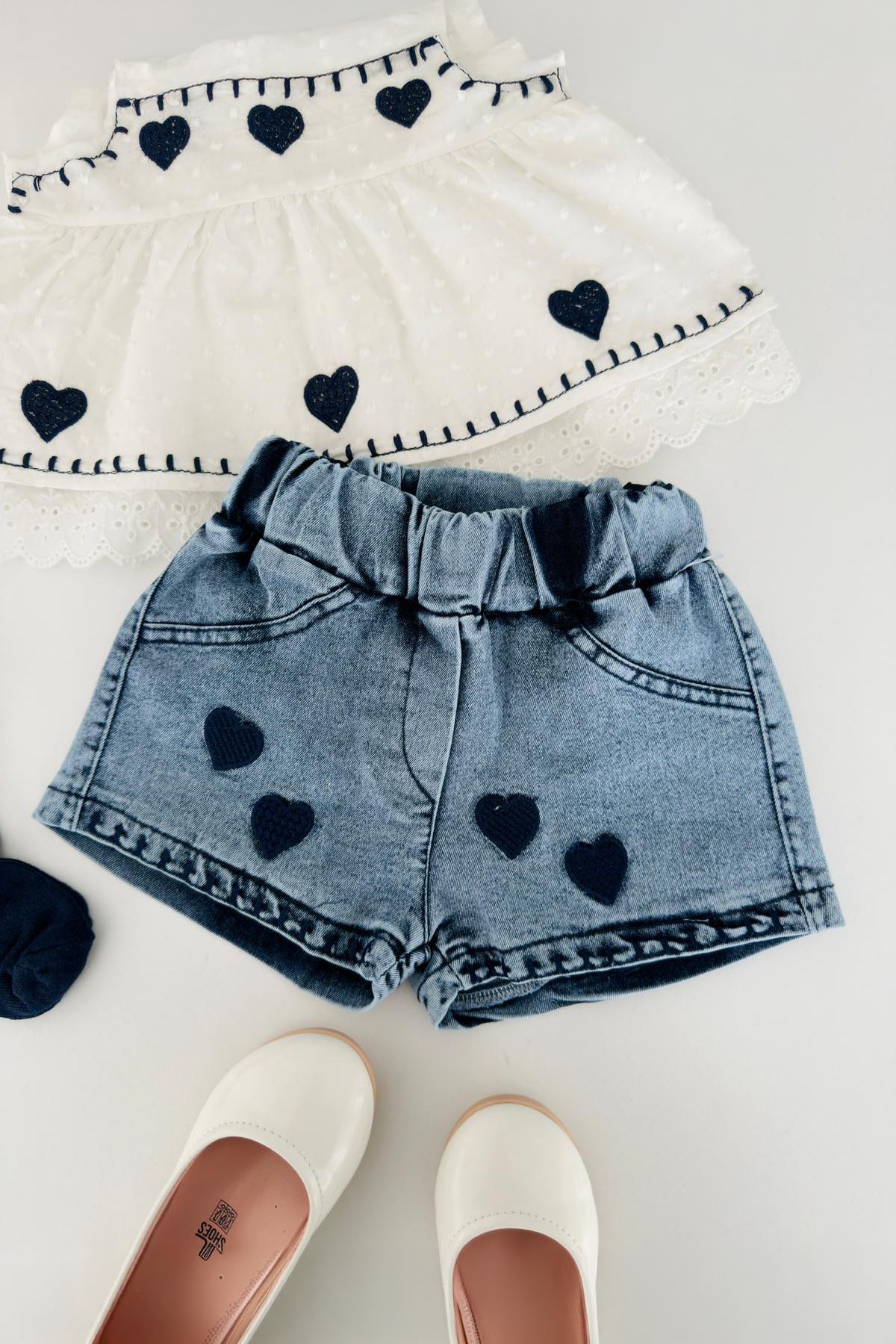 Miniğimin Cicilwri Kalp İşleme Detaylı Fistolı Kız Bebek 2 li Takım - Ekru