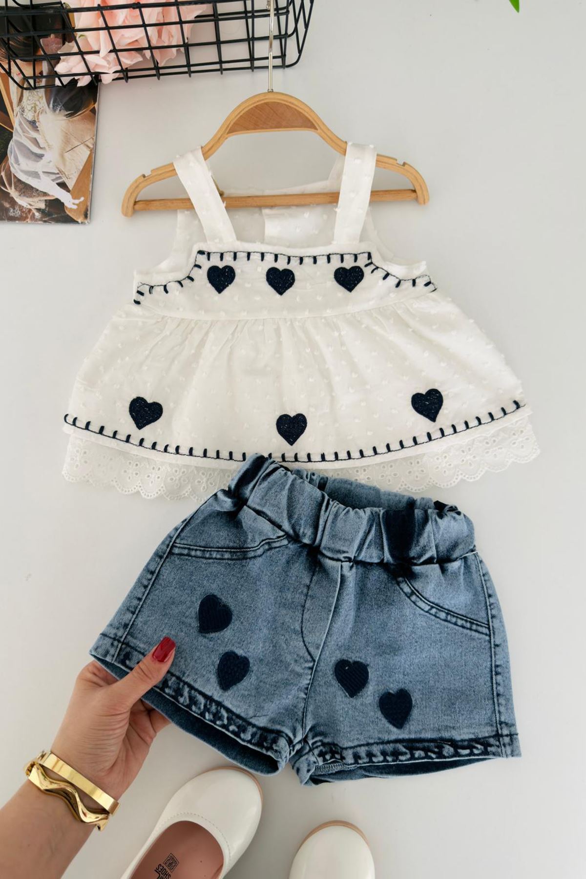 Miniğimin Cicilwri Kalp İşleme Detaylı Fistolı Kız Bebek 2 li Takım - Ekru