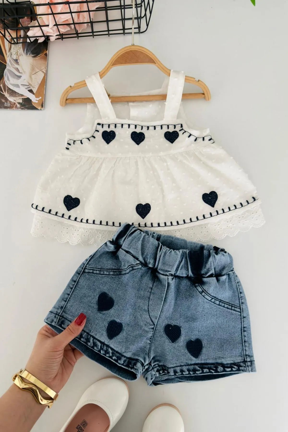 Miniğimin Cicilwri Kalp İşleme Detaylı Fistolı Kız Bebek 2 li Takım - Ekru