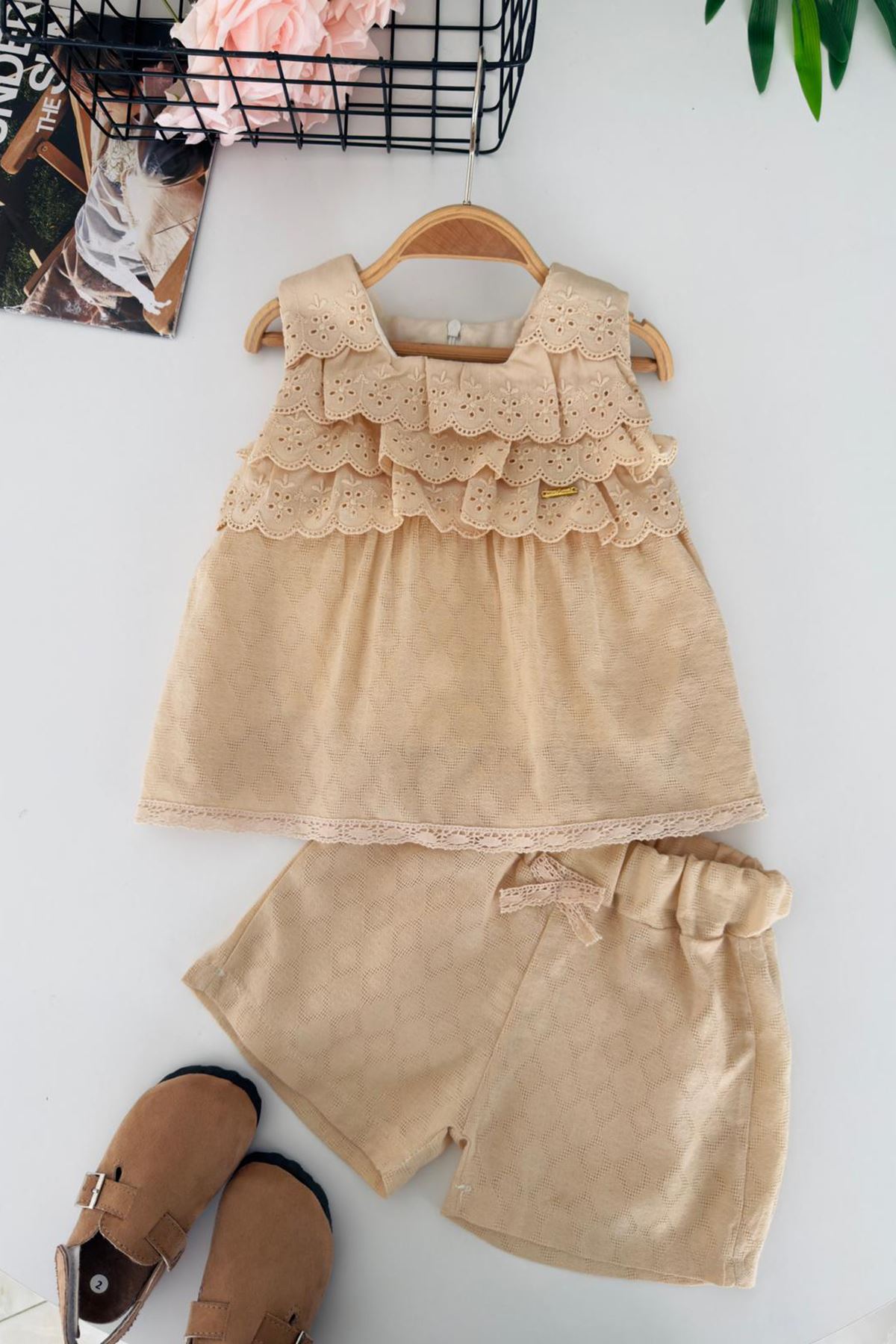 Miniğimin Cicileri Elegance Dantel Katmanlı Kız Çocuk Şort Takım - Karamel