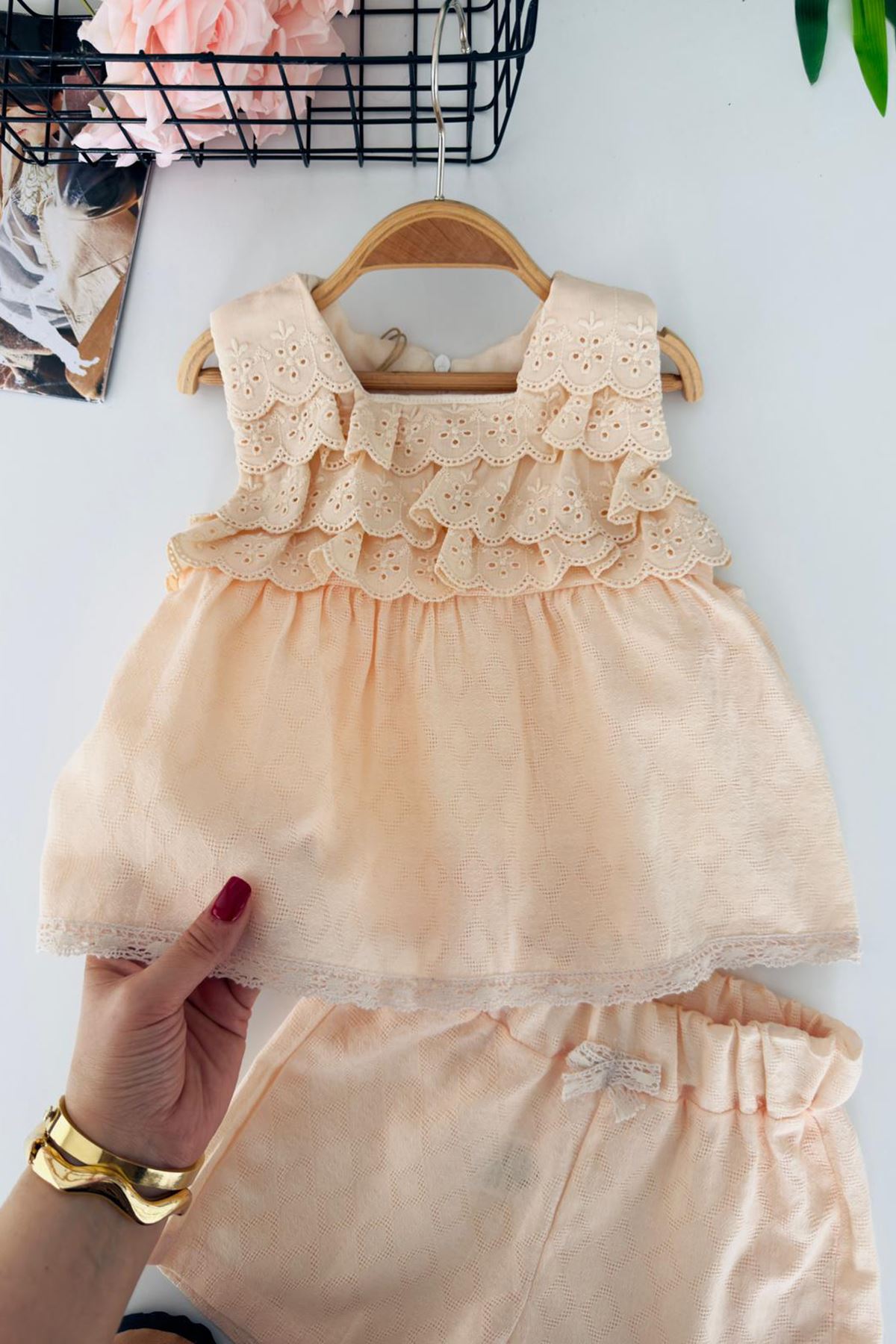 Miniğimin Cicileri Elegance Dantel Katmanlı Kız Çocuk Şort Takım - Somon