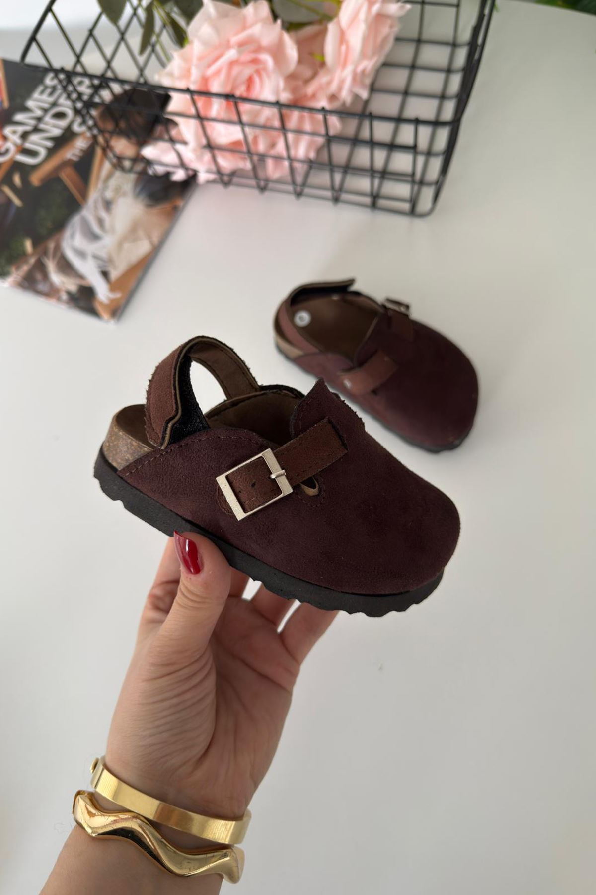 Miniğimin Cicileri Süet Unisex Çocuk Sabo Terlik - Acı Kahve