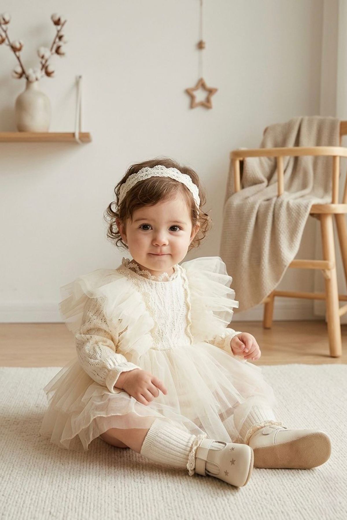 Miniğimin Cicileri Princess Tül Katmanlı Dantel Detaylı Kız Bebek Romper - Ekru