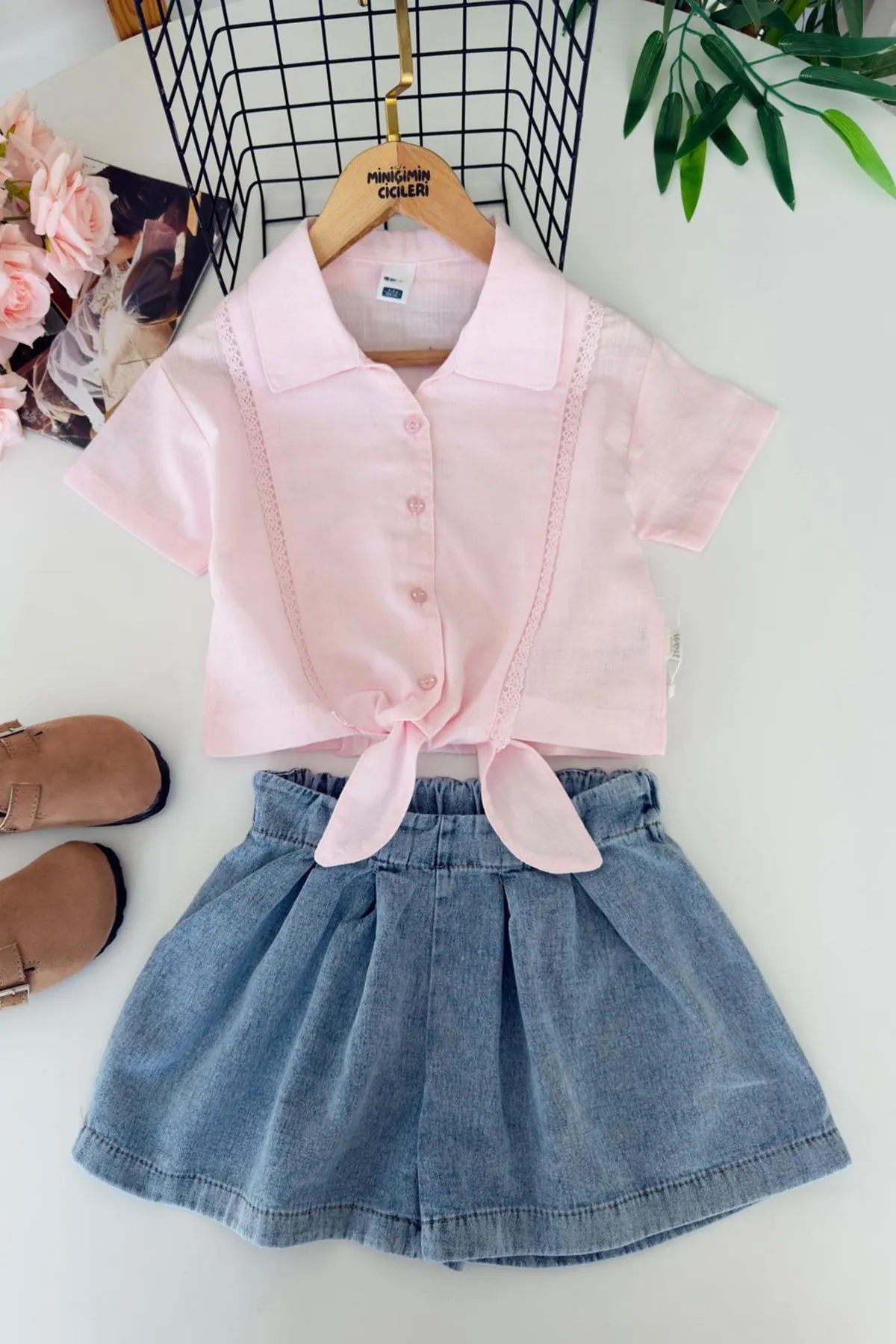 Miniğimin Cicileri Bağlama Detaylı Keten Gömlek & Denim Şort Kız Çocuk Takım - Pembe