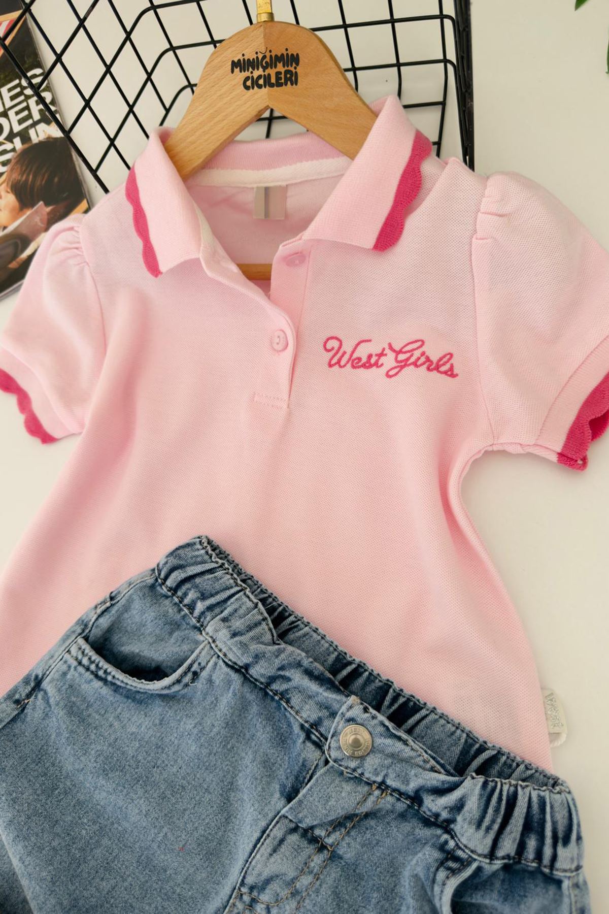 Miniğimin Cicileri West Girl İşleme Detaylı Spor Kız Çocuk 2 li Takım - Pembe